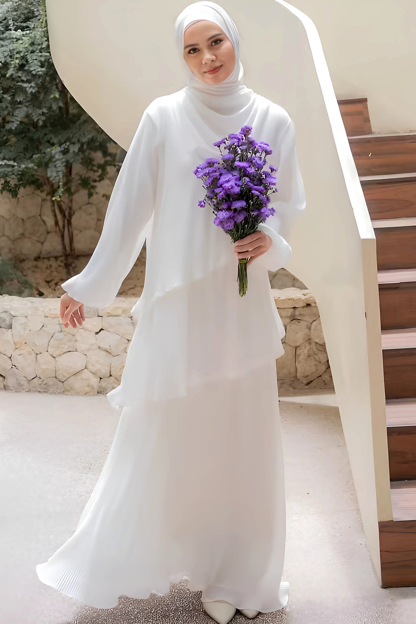 Pleated Layered Abaya with Khimar | Modest Muslim Chiffon Dress for Eid, Ramadan, Umrah, Hajj | Elegant Women Outfit
