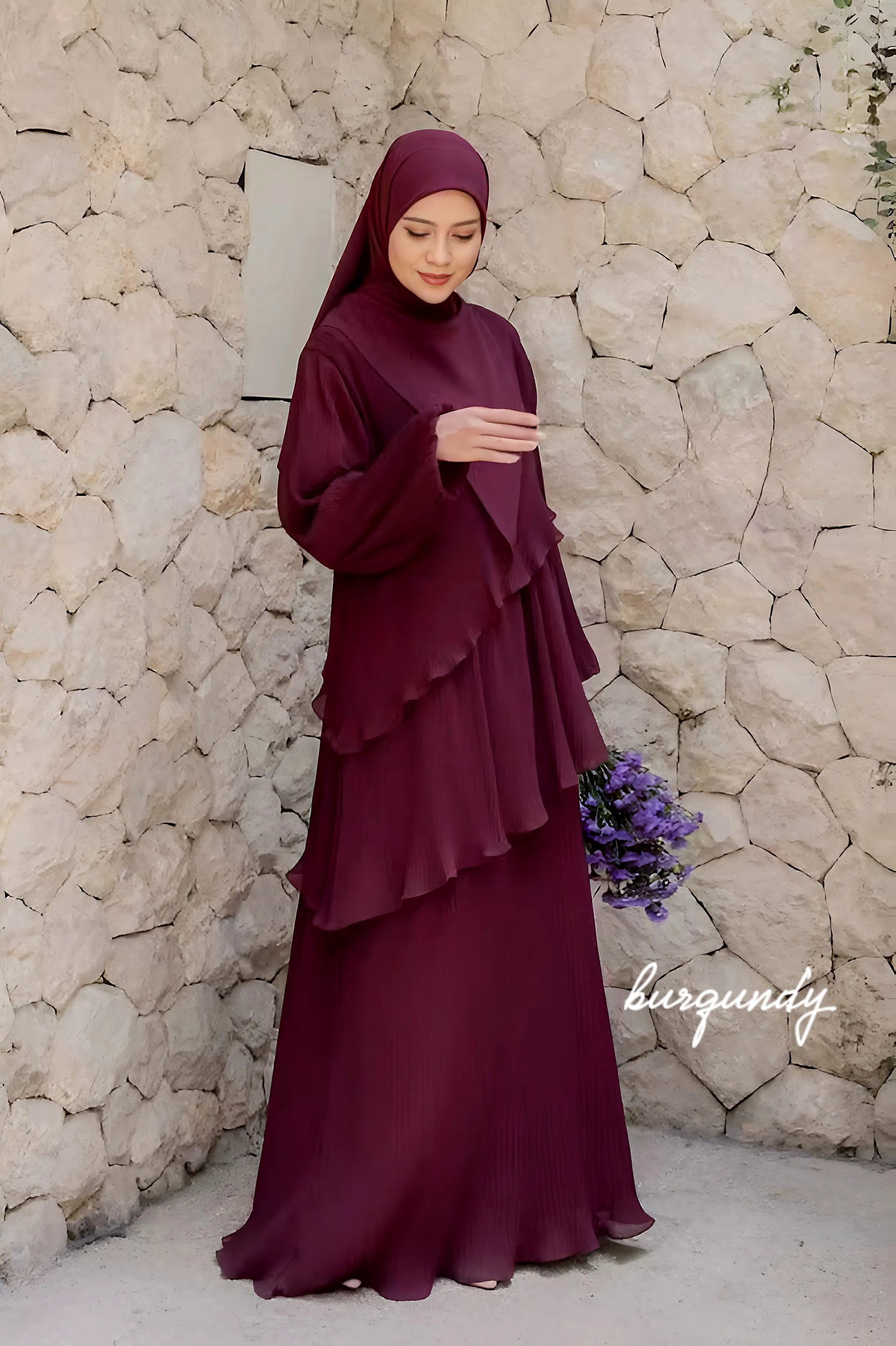 Pleated Layered Abaya with Khimar | Modest Muslim Chiffon Dress for Eid, Ramadan, Umrah, Hajj | Elegant Women Outfit