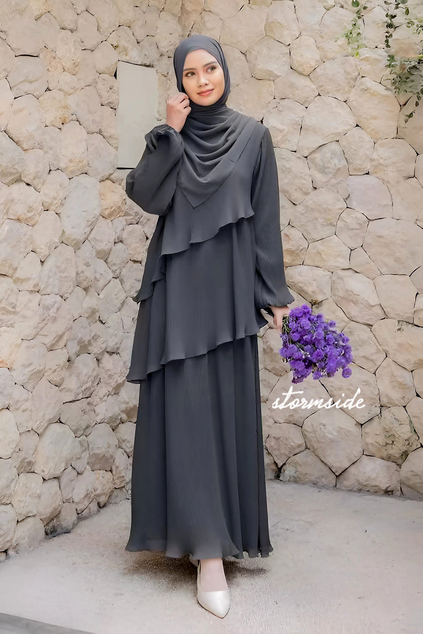 Pleated Layered Abaya with Khimar | Modest Muslim Chiffon Dress for Eid, Ramadan, Umrah, Hajj | Elegant Women Outfit
