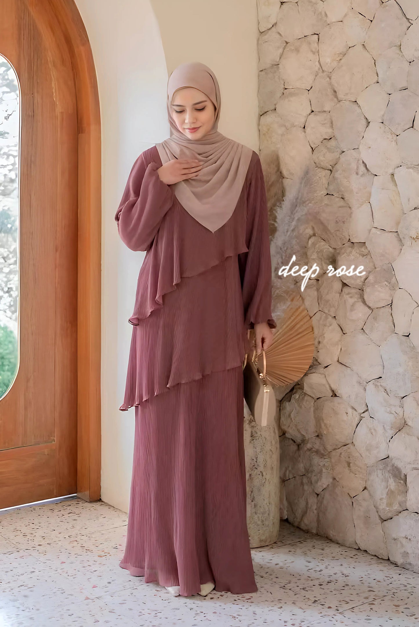 Pleated Layered Abaya with Khimar | Modest Muslim Chiffon Dress for Eid, Ramadan, Umrah, Hajj | Elegant Women Outfit