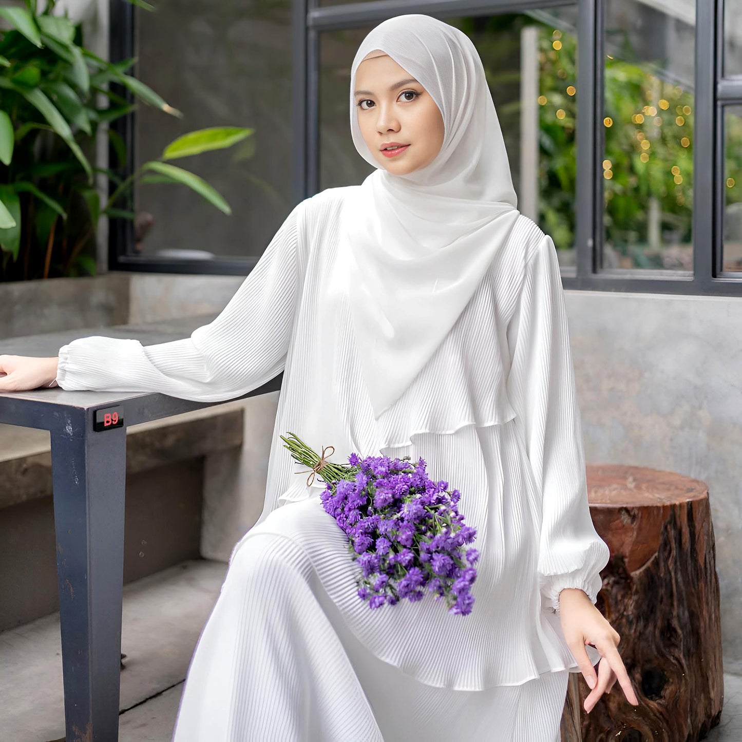 Pleated Layered Abaya with Khimar | Modest Muslim Chiffon Dress for Eid, Ramadan, Umrah, Hajj | Elegant Women Outfit