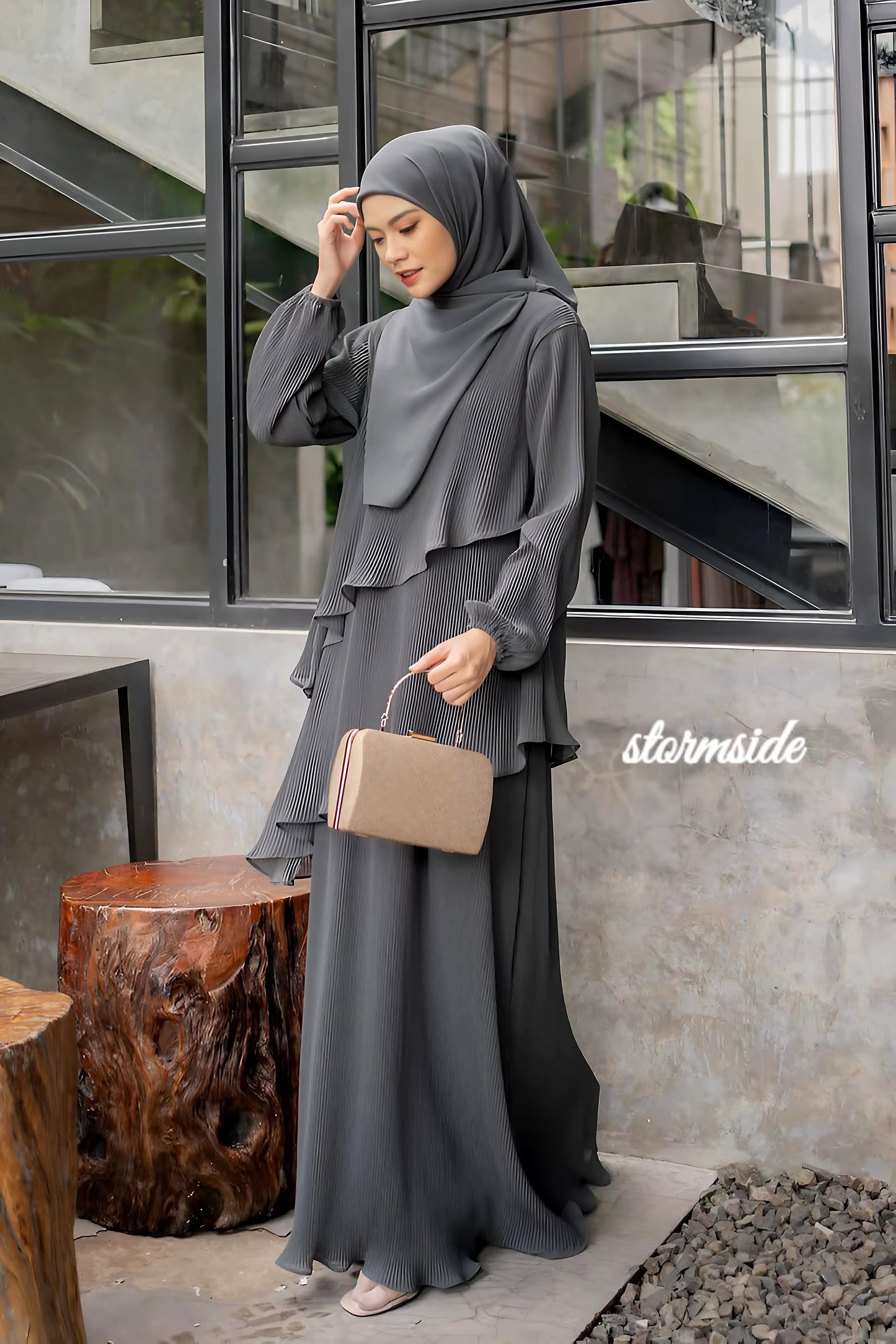Pleated Layered Abaya with Khimar | Modest Muslim Chiffon Dress for Eid, Ramadan, Umrah, Hajj | Elegant Women Outfit