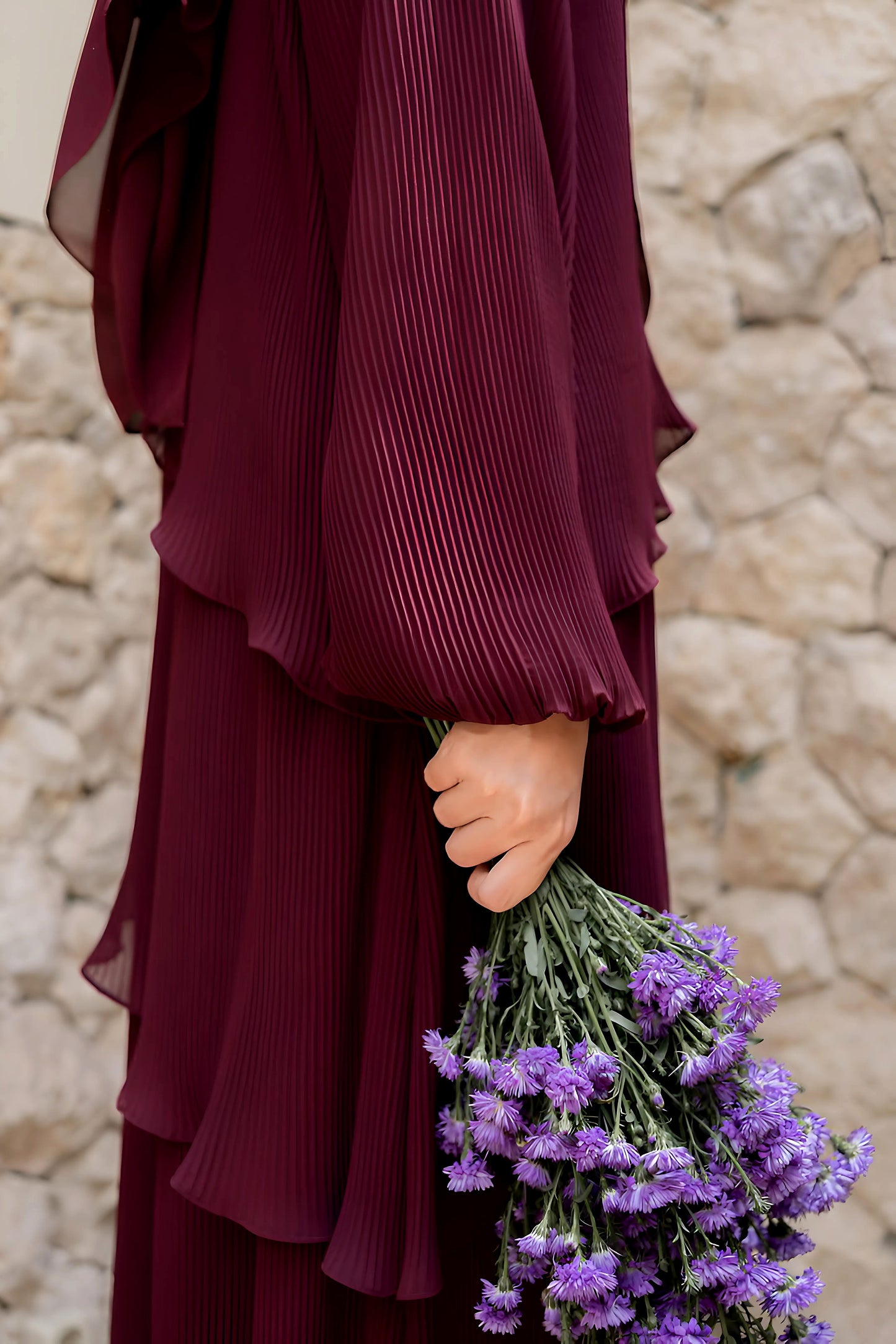 Pleated Layered Abaya with Khimar | Modest Muslim Chiffon Dress for Eid, Ramadan, Umrah, Hajj | Elegant Women Outfit