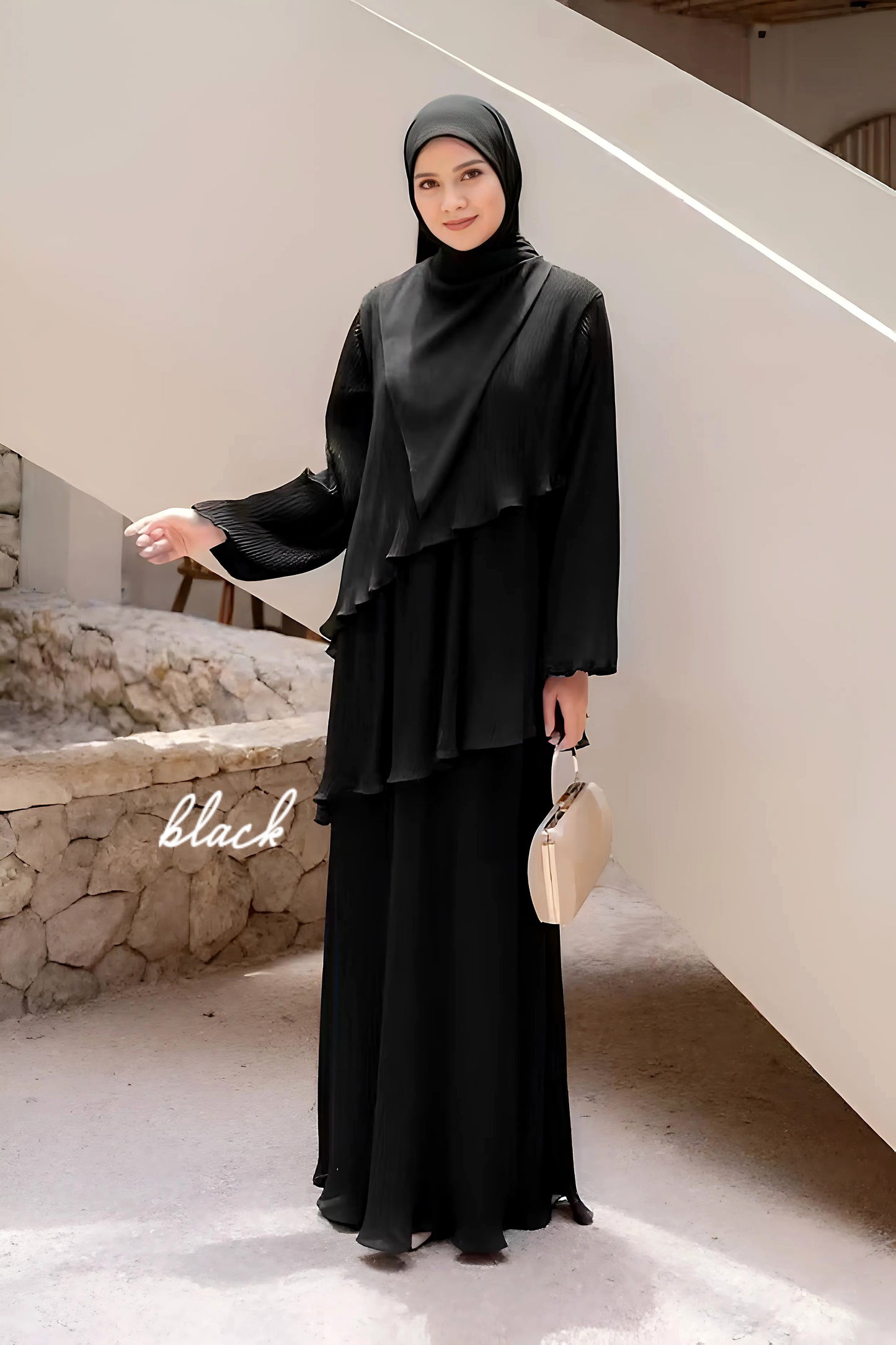 Pleated Layered Abaya with Khimar | Modest Muslim Chiffon Dress for Eid, Ramadan, Umrah, Hajj | Elegant Women Outfit