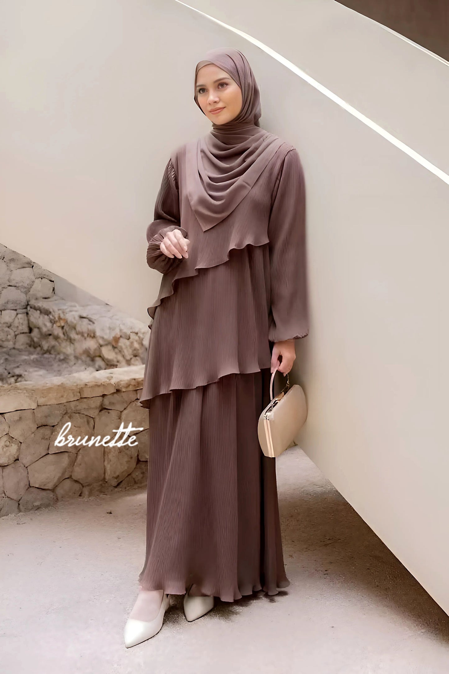 Pleated Layered Abaya with Khimar | Modest Muslim Chiffon Dress for Eid, Ramadan, Umrah, Hajj | Elegant Women Outfit