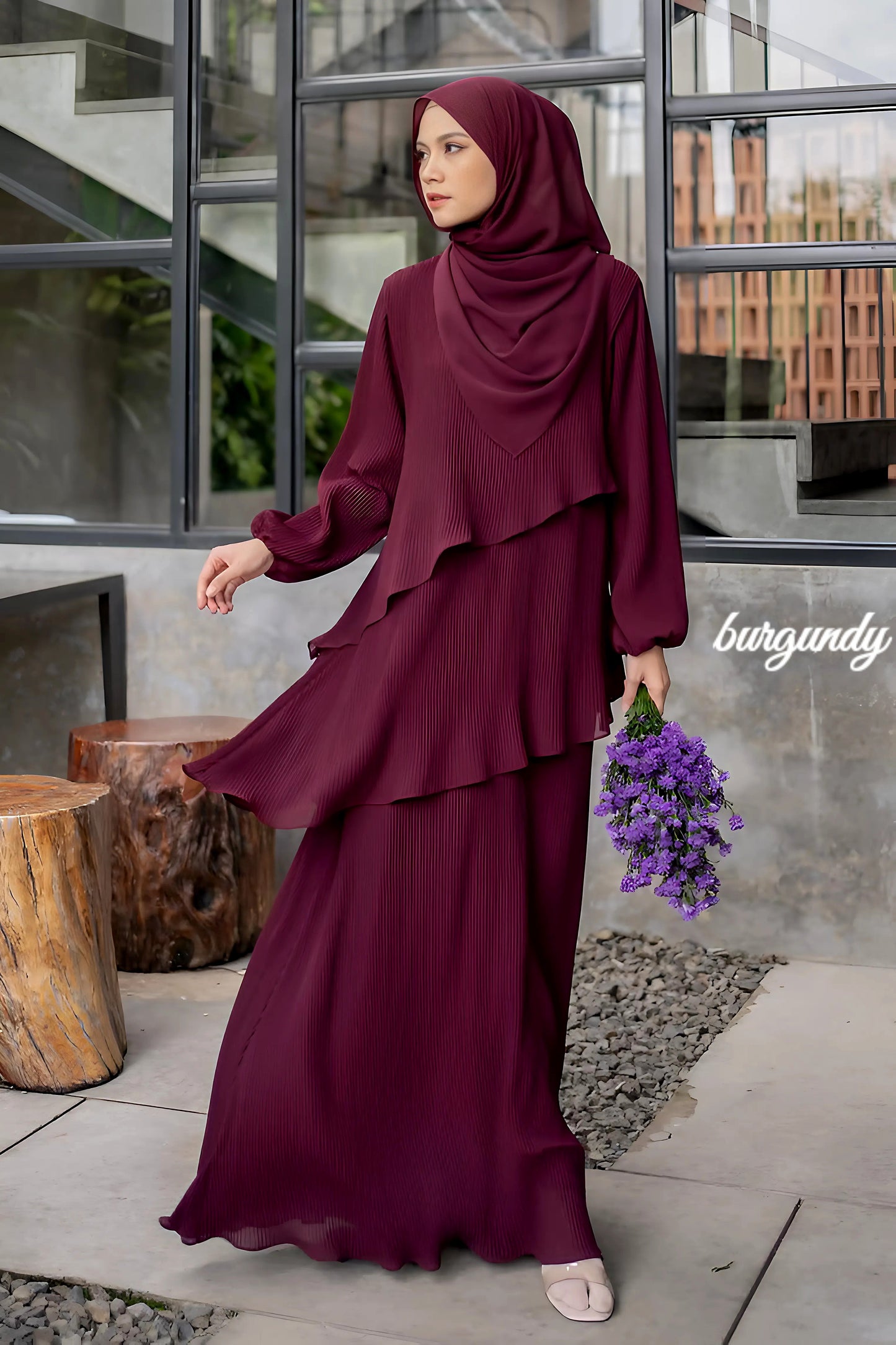 Pleated Layered Abaya with Khimar | Modest Muslim Chiffon Dress for Eid, Ramadan, Umrah, Hajj | Elegant Women Outfit