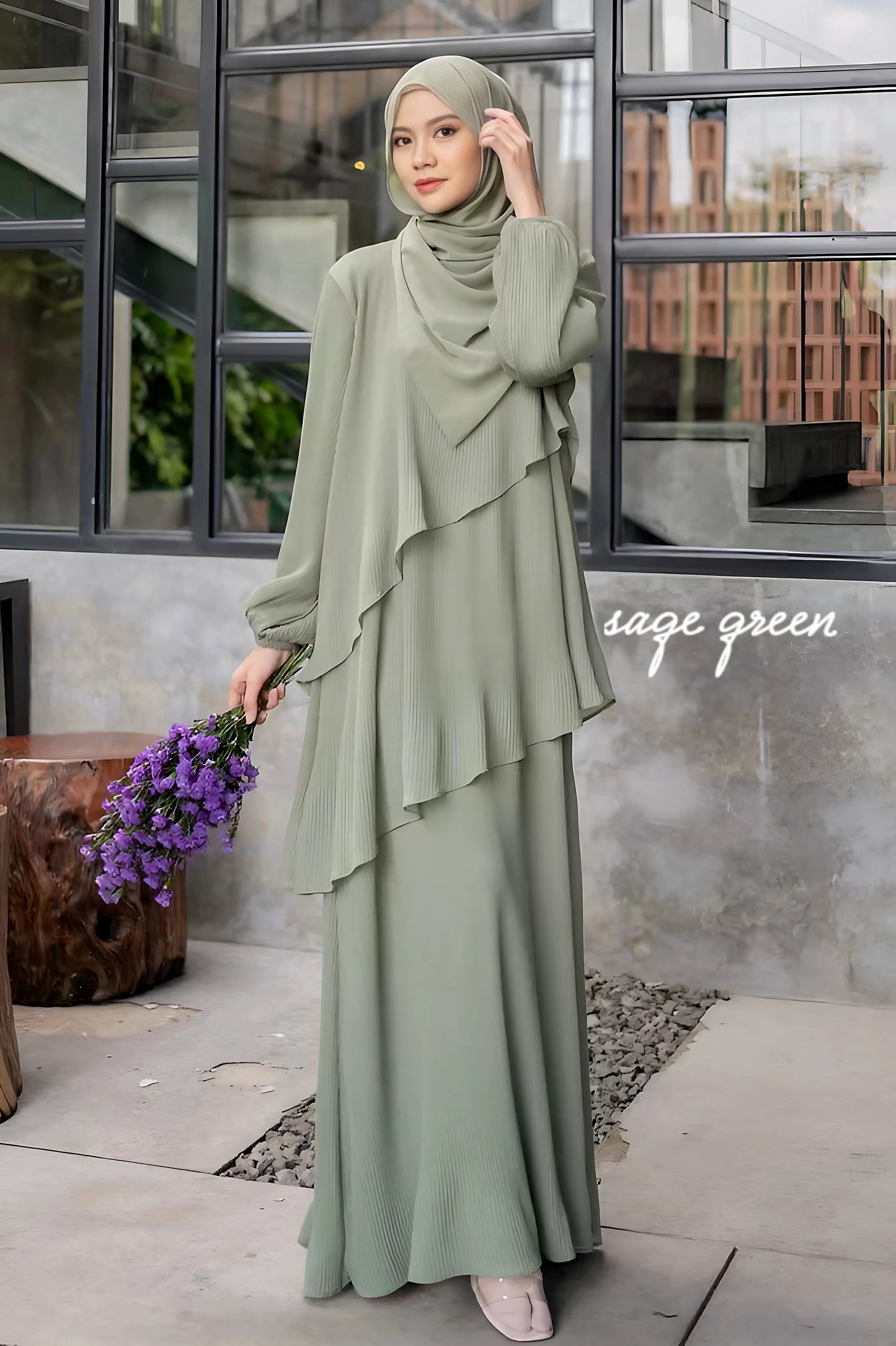 Pleated Layered Abaya with Khimar | Modest Muslim Chiffon Dress for Eid, Ramadan, Umrah, Hajj | Elegant Women Outfit