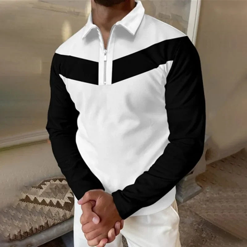 2024 New Autumn Men's Long Sleeve Polo Collar Black and White Contrast Loose POLO Shirt Men's Polo Shirt