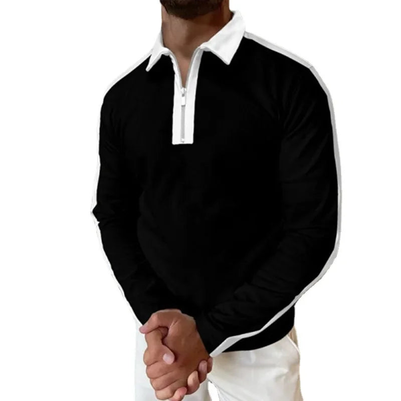 2024 New Autumn Men's Long Sleeve Polo Collar Black and White Contrast Loose POLO Shirt Men's Polo Shirt