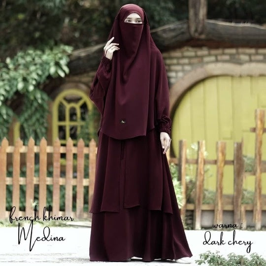 Dark Cherry Anti-UV Transformer French Khimar Abaya Half Niqab Veil Muslimah Syari Dress Hijab Instant Khimar for Women Jilbab Simple