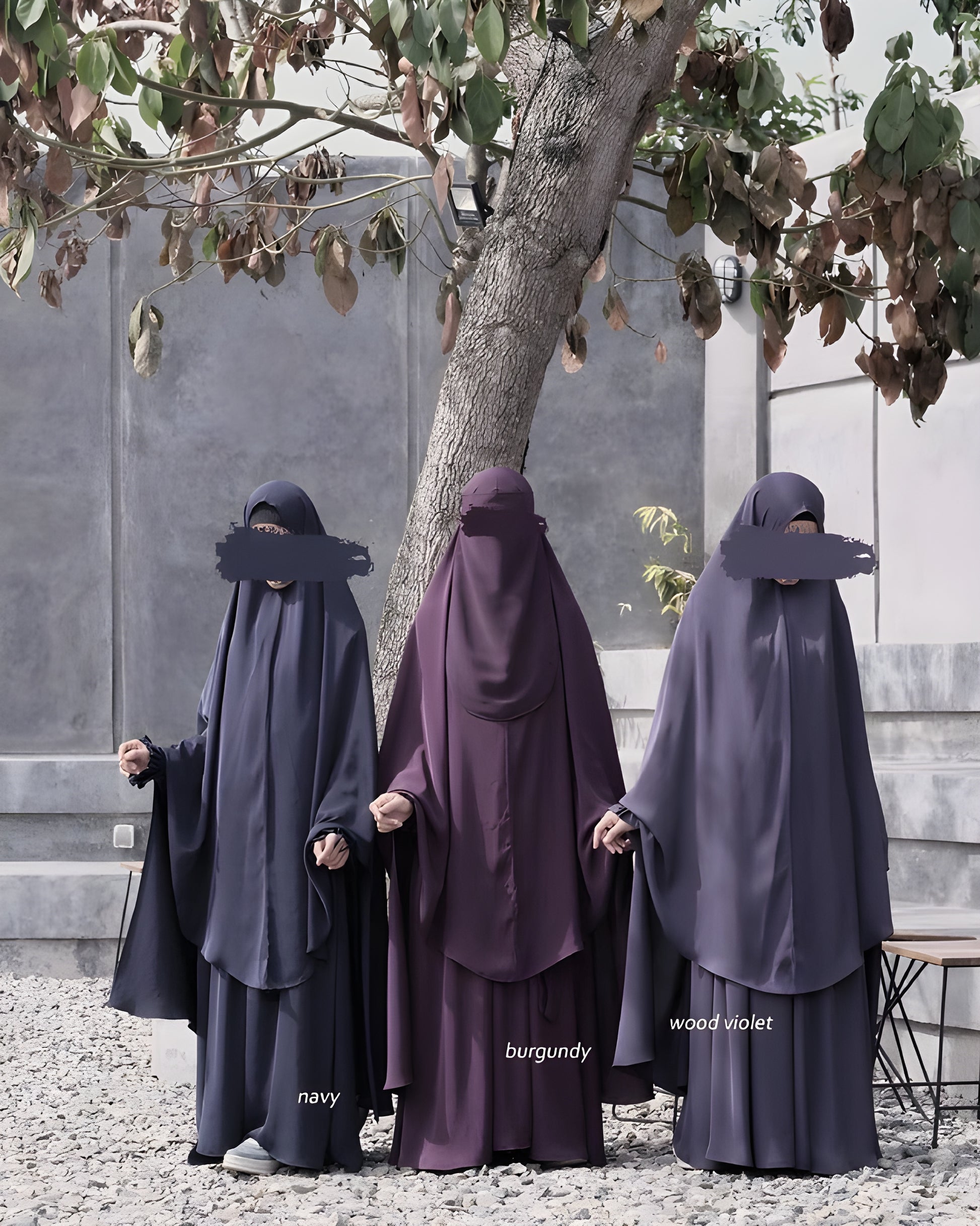 Abaya Nourah Series Basic Non Pad Khimar with Half Niqab or Niqab Bandana in Navy, Burgundy, and Wood Violet color.