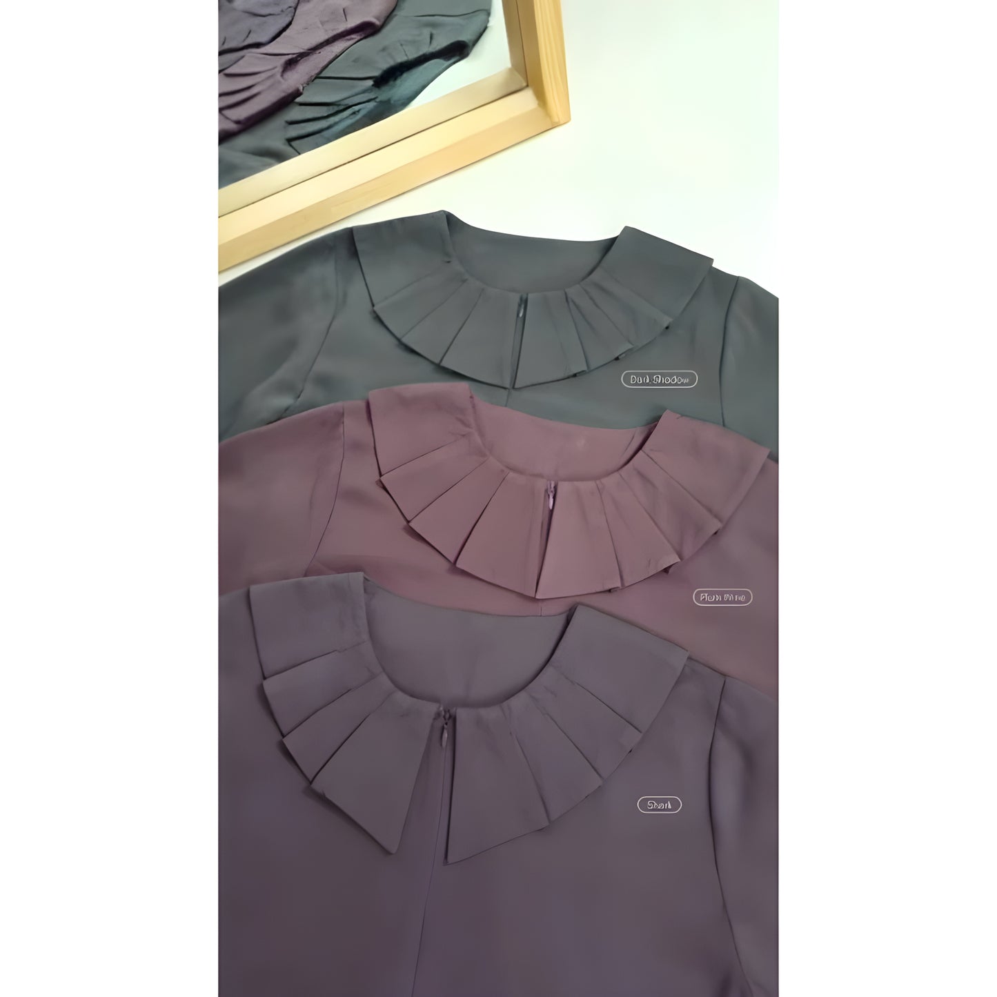 Chest detail of  Abaya Qasidan Series in Dark Shadow, Plum Wine, and Shark color.