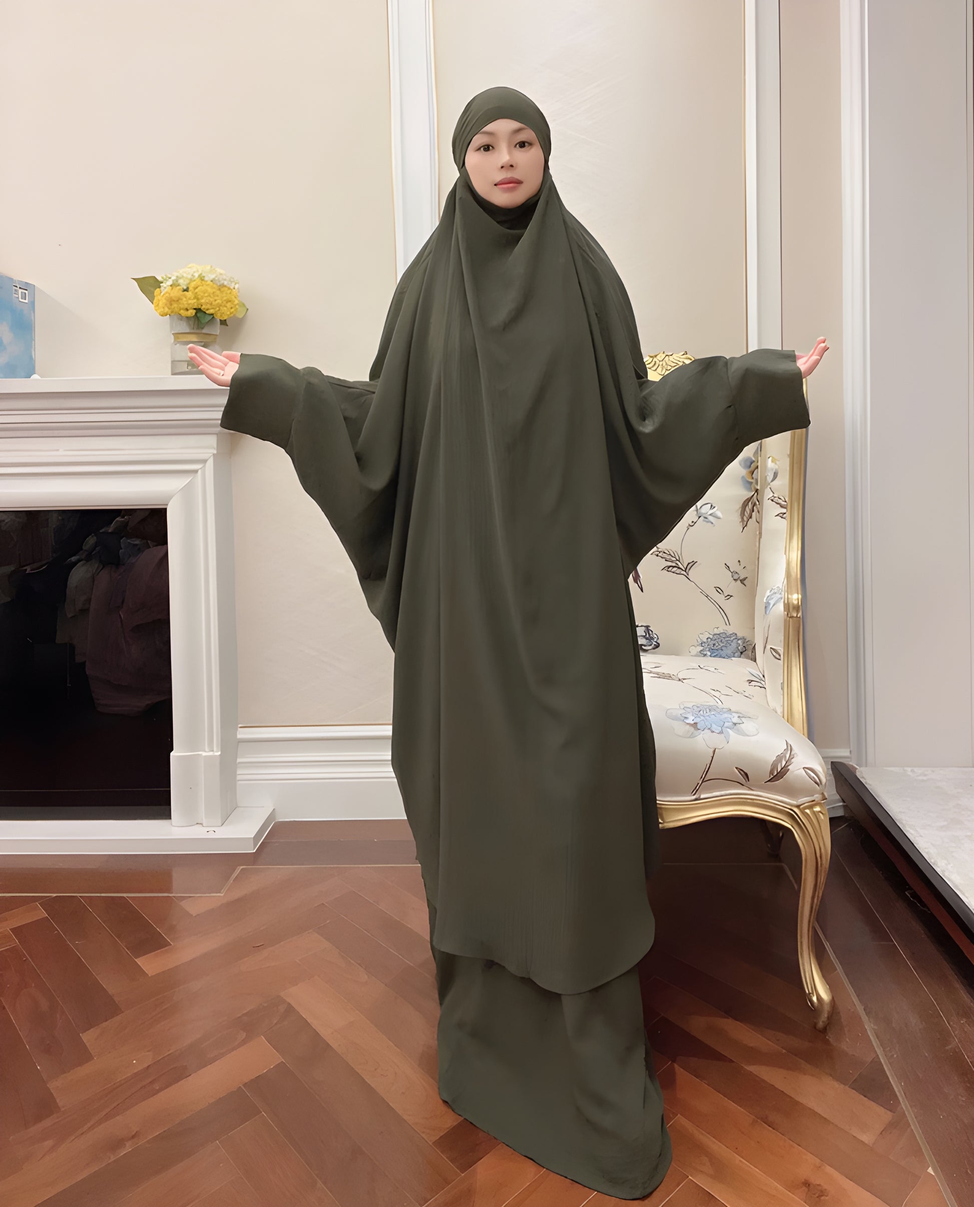 Alesyari Shop I Long Khimar Set: Muslim Abaya, Dubai Saudi Prayer Dress - 2 Pieces