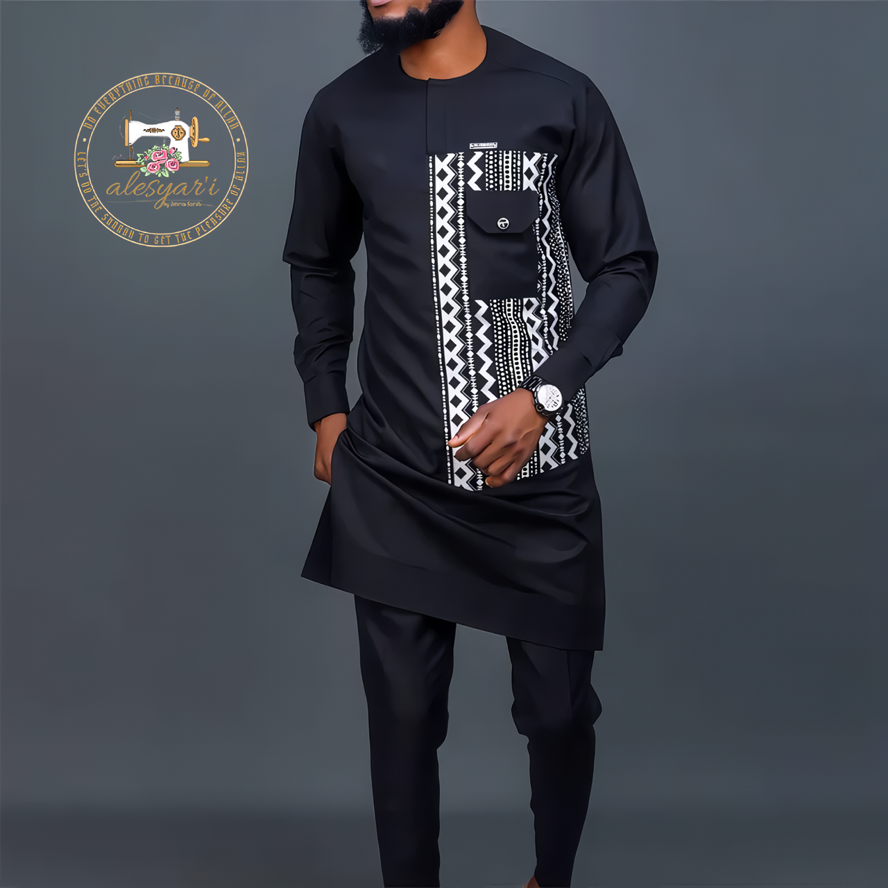 Alesyari Shop I Men's Dashiki Tradition T-shirt Set with Round Neck and Long Sleeves, Perfect for a National Casual Dress Look