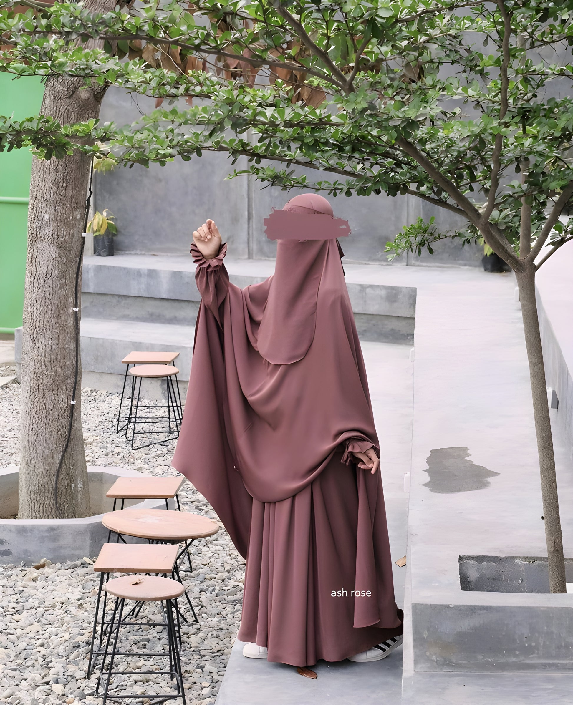 Abaya Nourah Series Basic Non Pad Khimar with Niqab Bandana in Ash Rose color.