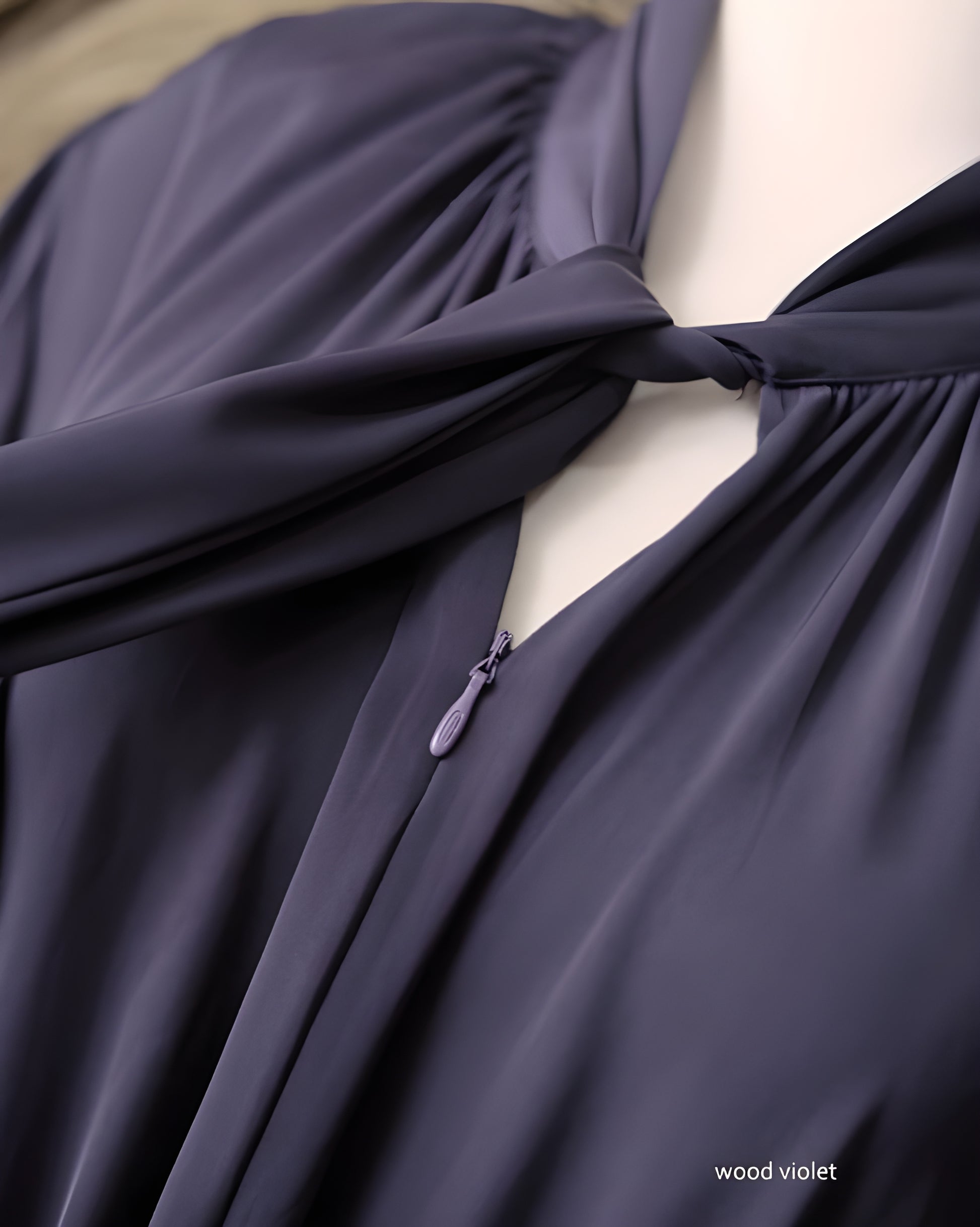 Chest detail on Abaya Noura Series in Wood Violet color.