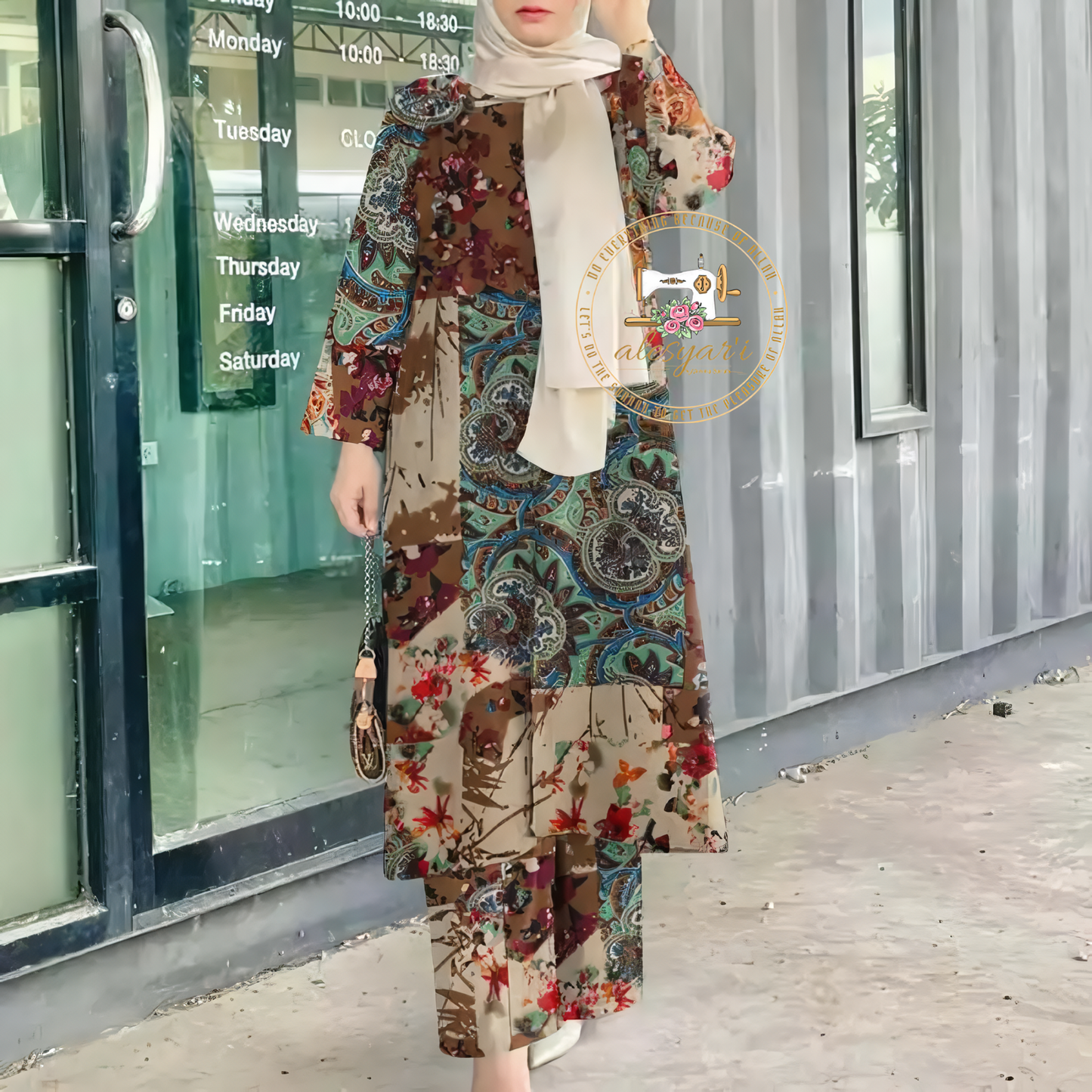 Alesyari Shop I Timeless Elegance : 2PCS Women's Islamic Clothing Sets with Vintage Floral Printed Long Tops and Pants Suits