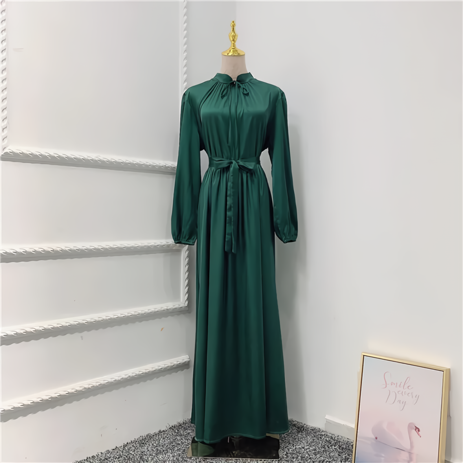 Satin Abaya Long Dress Women Elegant Big Swing Belted Hijab Robe Islam Dubai Turkish Modest Abayas Muslim African Dresses