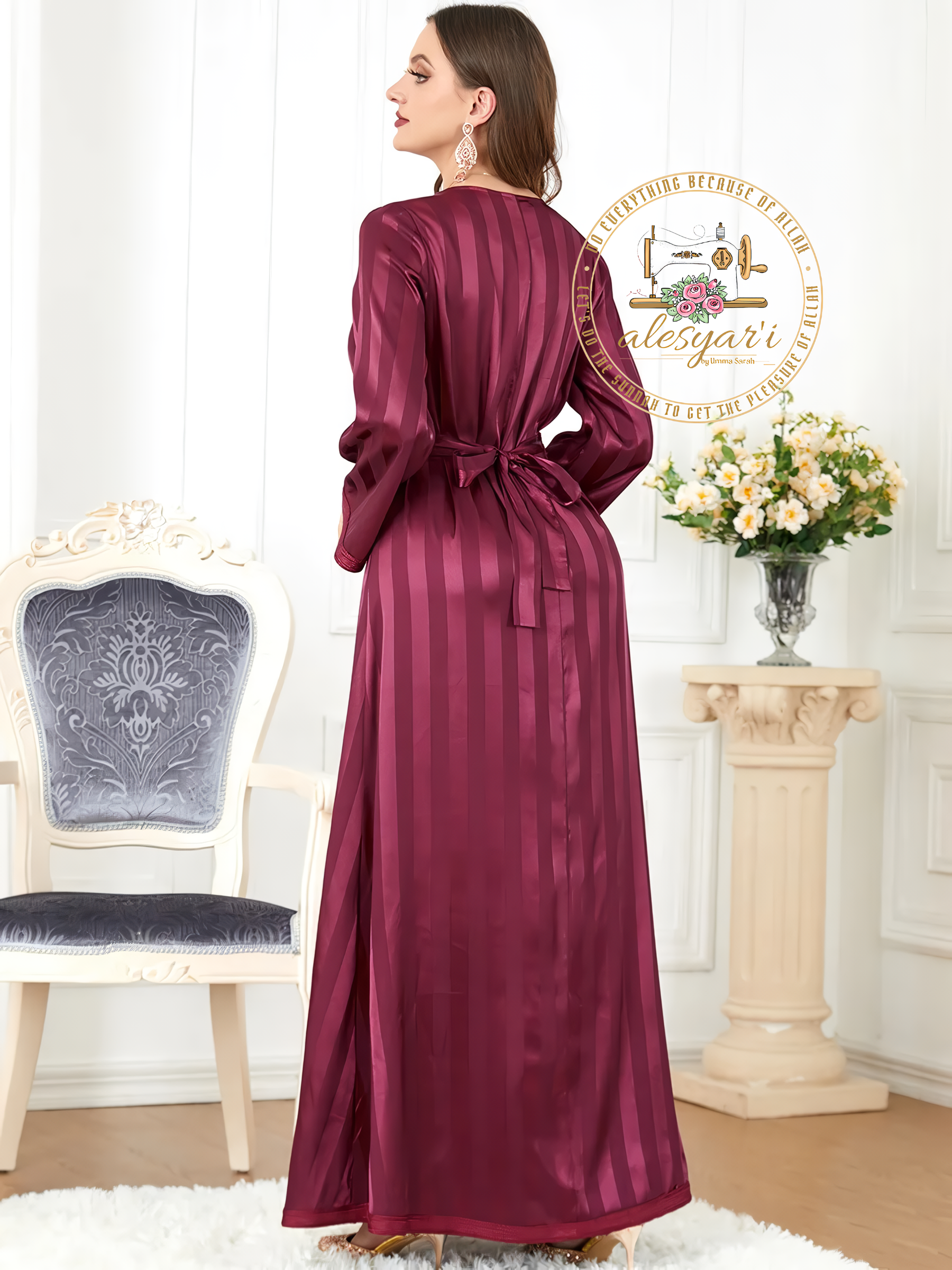 Alesyari Shop I Elegant Muslim Evening Dress: V-neck Ramadan Abaya with Long Sleeves - Perfect for Wedding and Sophisticated Female Clothing