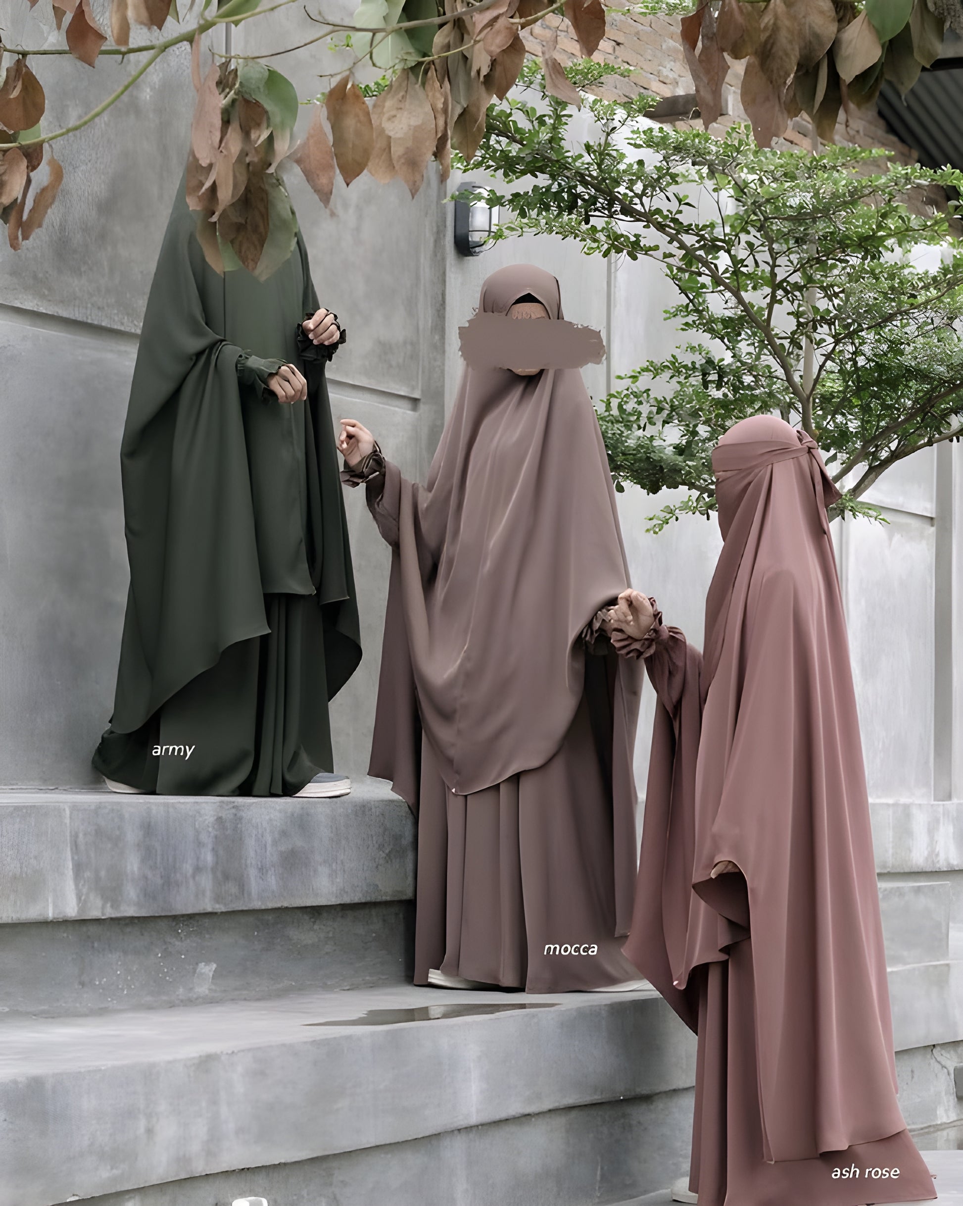 Abaya Nourah Series Basic Non Pad Khimar with Half Niqab or Niqab Bandana in Army, Mocca, and Ash Rose color.