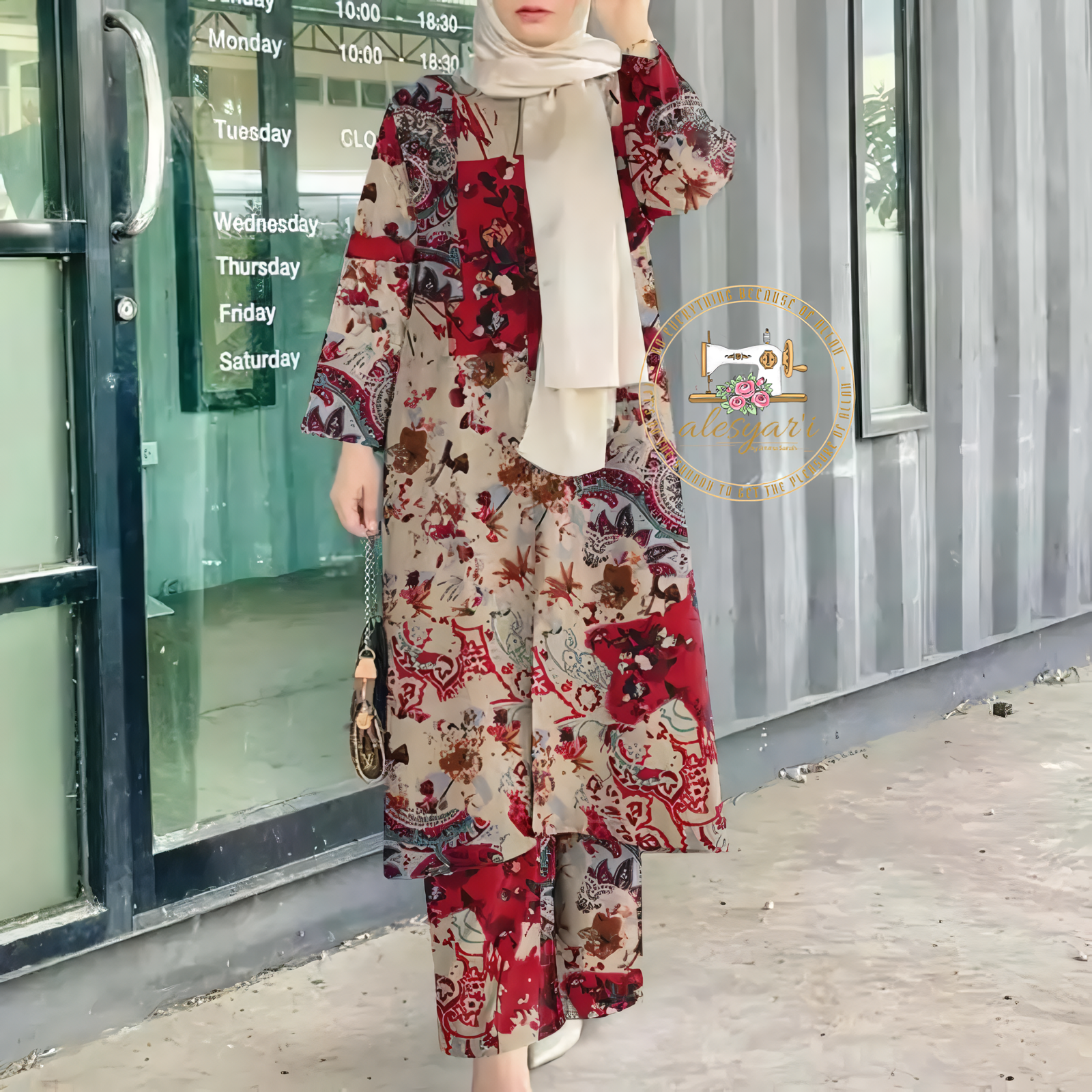 Alesyari Shop I Timeless Elegance : 2PCS Women's Islamic Clothing Sets with Vintage Floral Printed Long Tops and Pants Suits