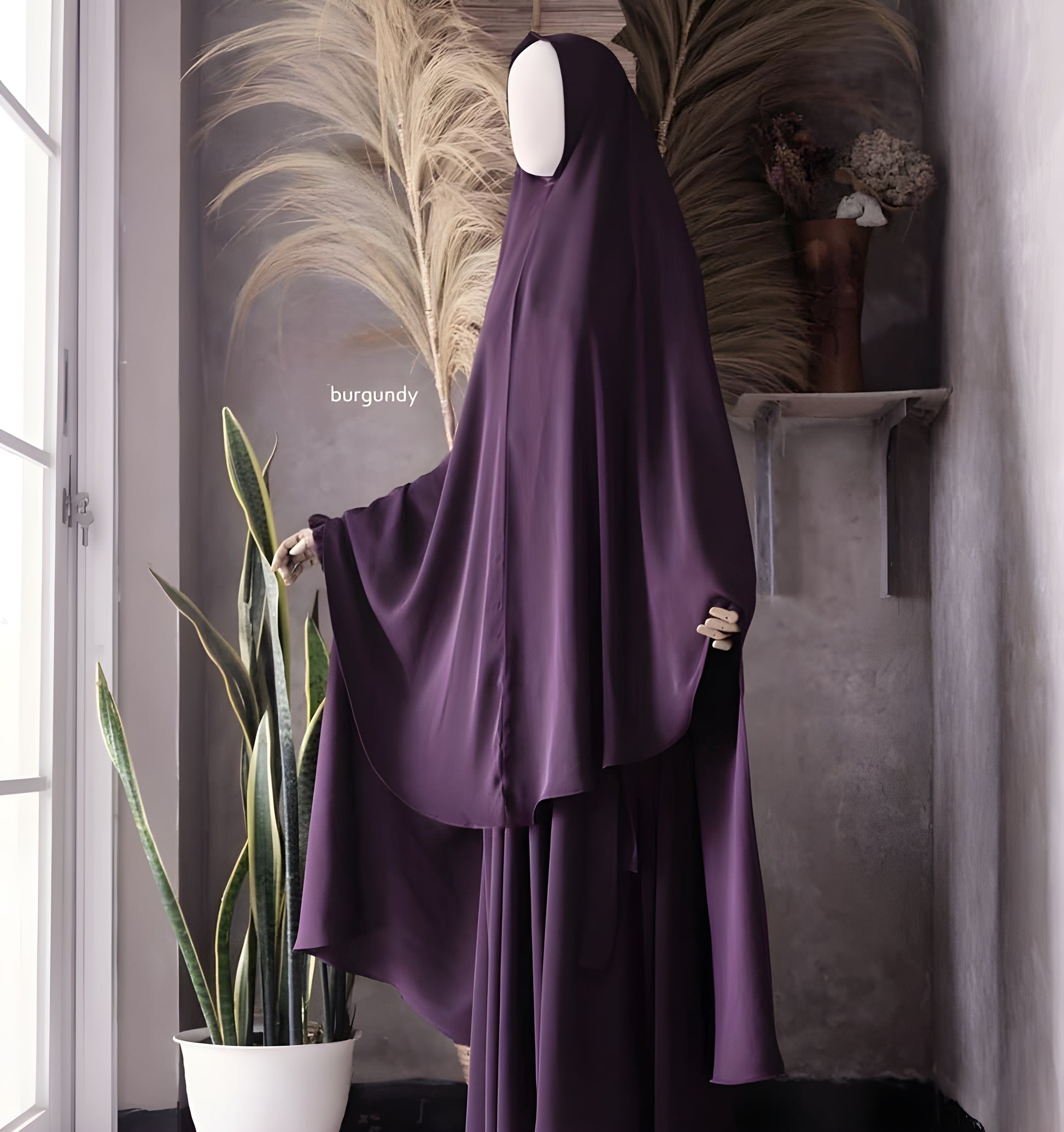 Abaya Nourah Series Basic Non Pad Khimar in Burgundy color.