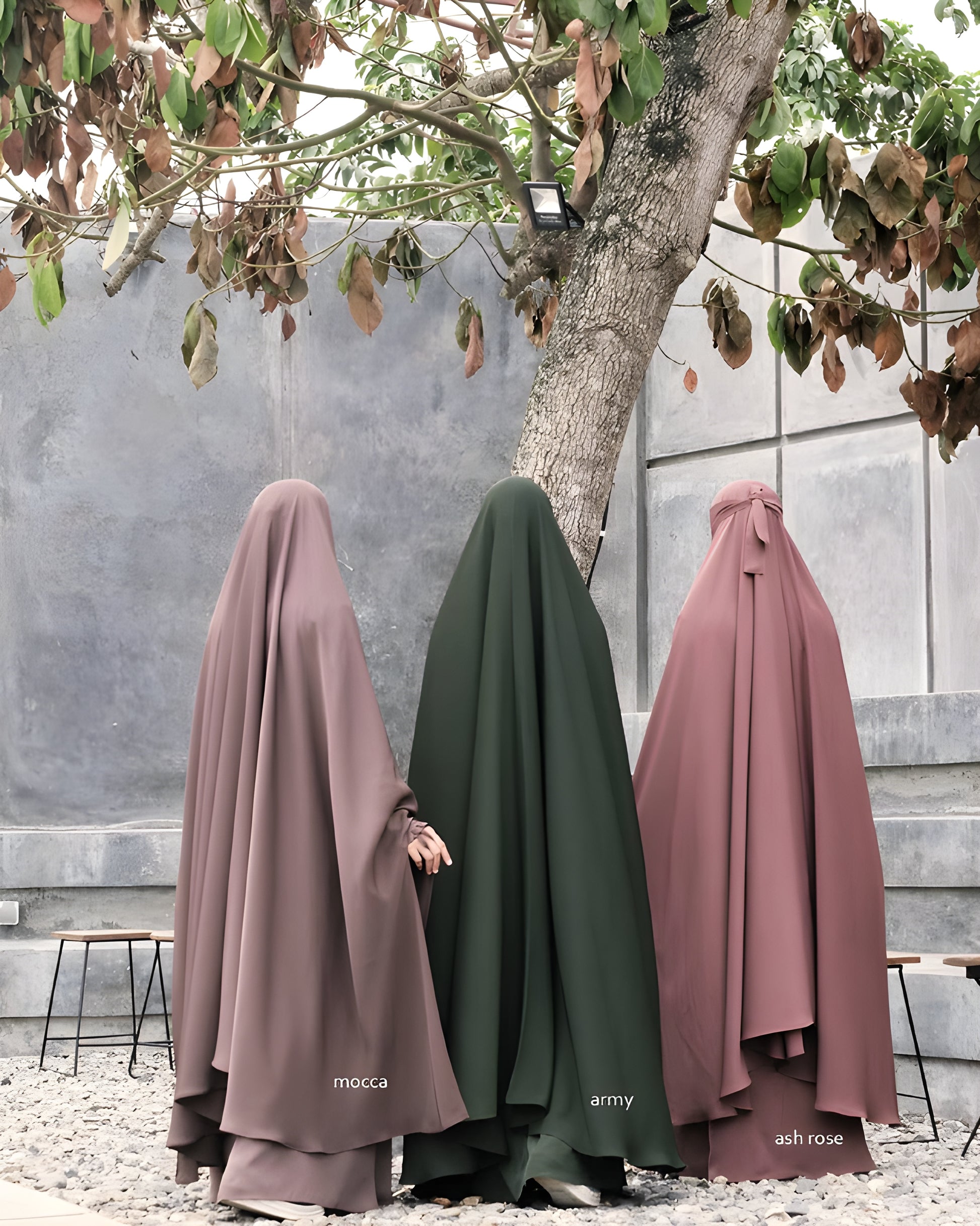 Abaya Nourah Series Basic Non Pad Khimar with Half Niqab or Niqab Bandana in Mocca, Army, and Ash Rose color.