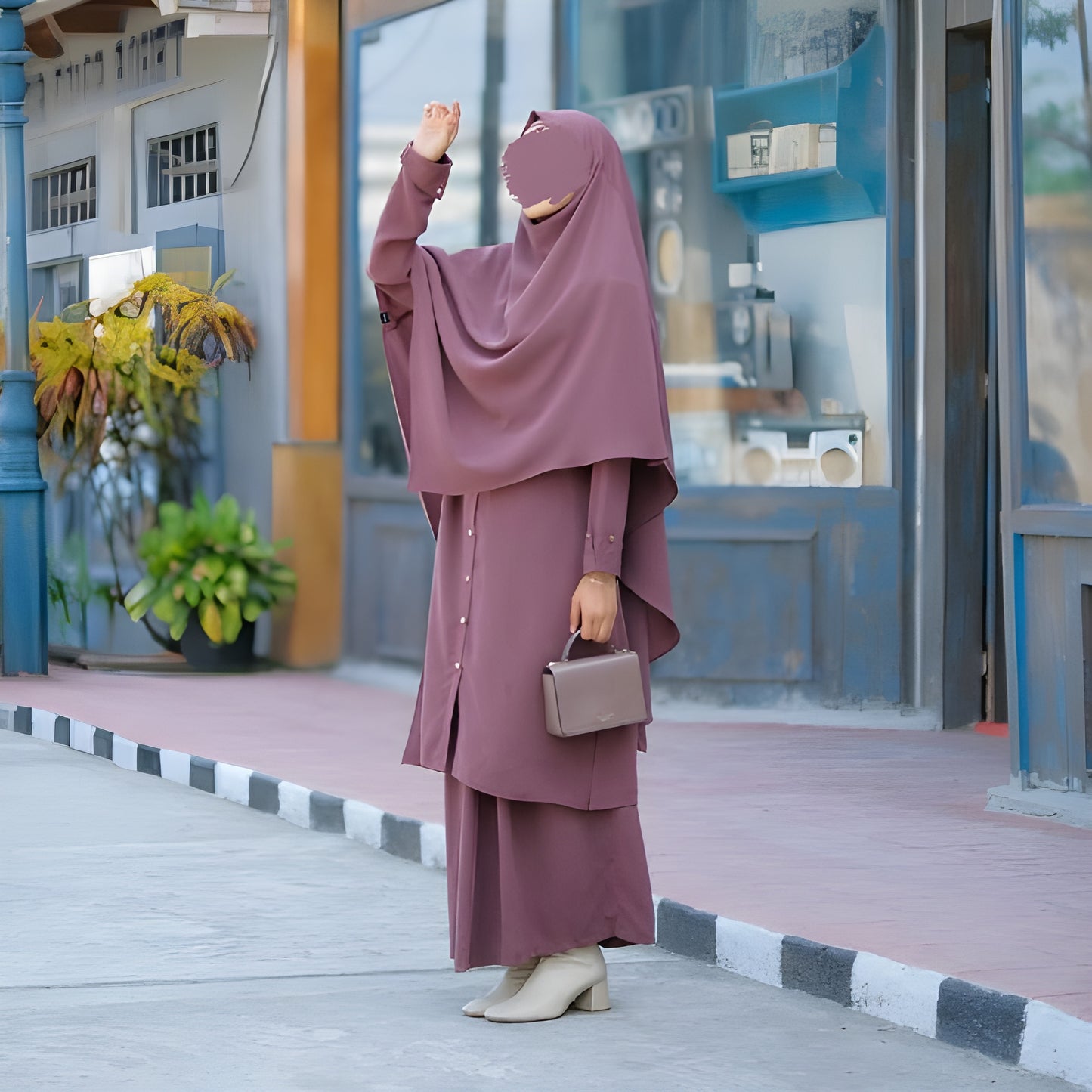 Alesyari Shop I  Plum Wine Sahla Tunic & Fortaleza Abaya with French Khimar I Eid Adha Series