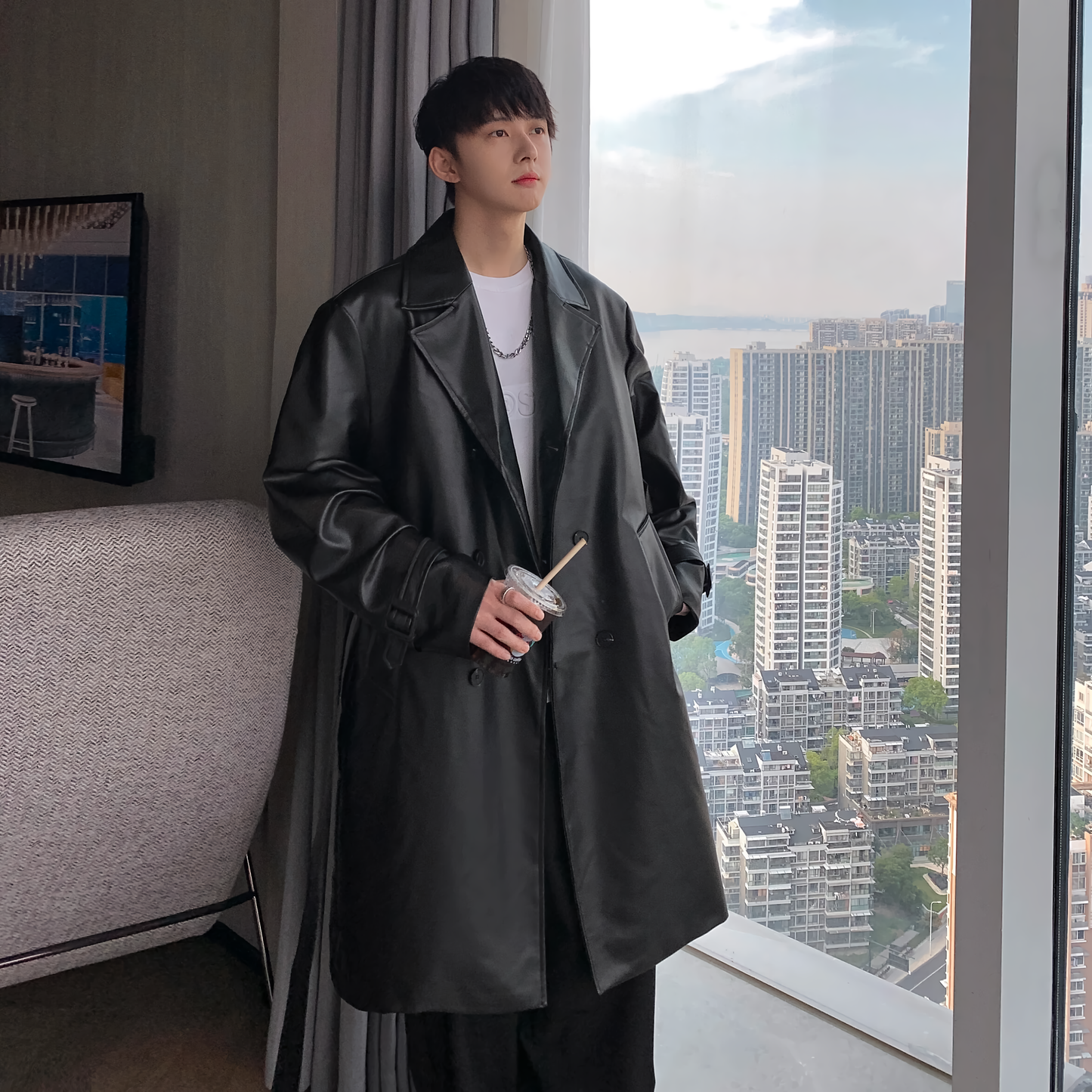 Spring Autumn Long Black Oversized Faux Leather Trench Coat Men Drop Shoulder Belt Faux Leather Coats for Men Winter Thick M-5XL