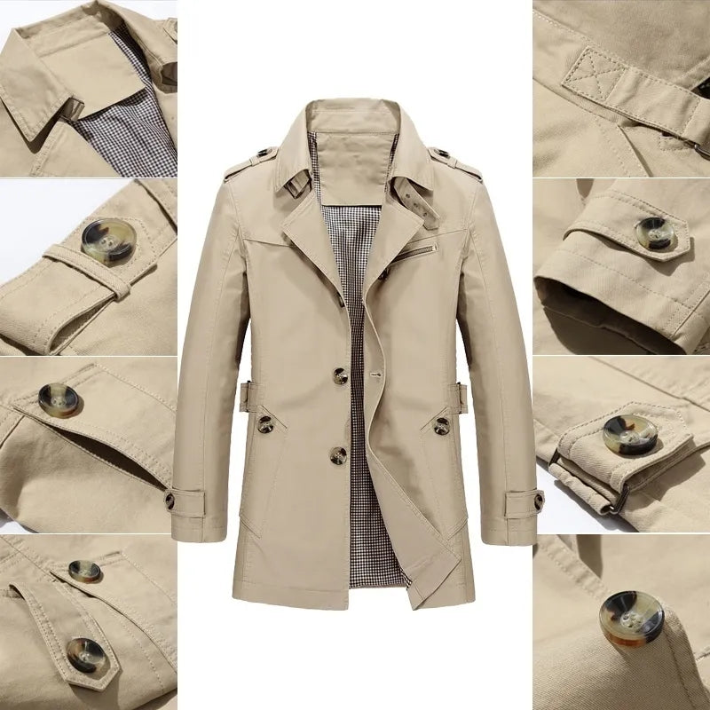 Men's Cotton Business Windbreaker from Alesyari.store: A sleek and sophisticated trench coat for daily style in Spring and Autumn. Slim fit, single-breasted, and adorned with pockets. Crafted from high-quality cotton material for a comfortable and timeless look