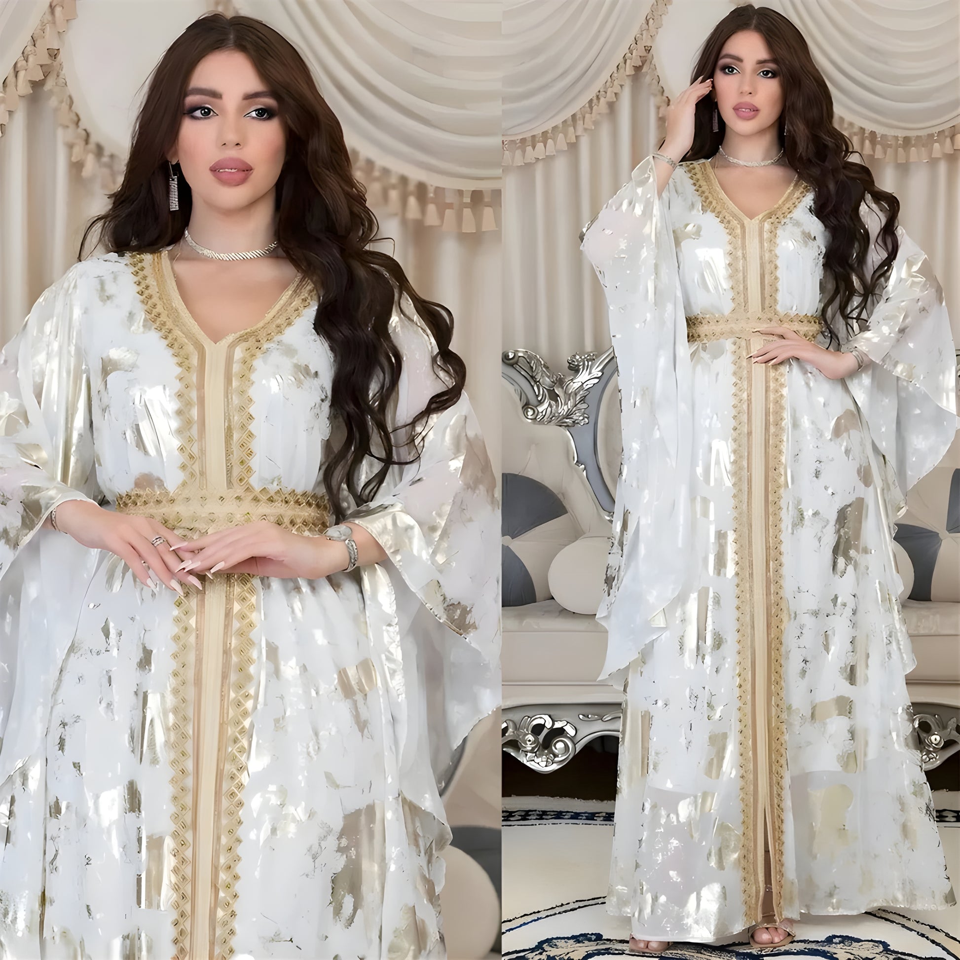 Alesyari Shop I Muslim Abaya Dress: Chiffon Elegance with Gold Stamping, Lace Trim, and V-Neck Ruffle Sleeves for Eid and Beyond