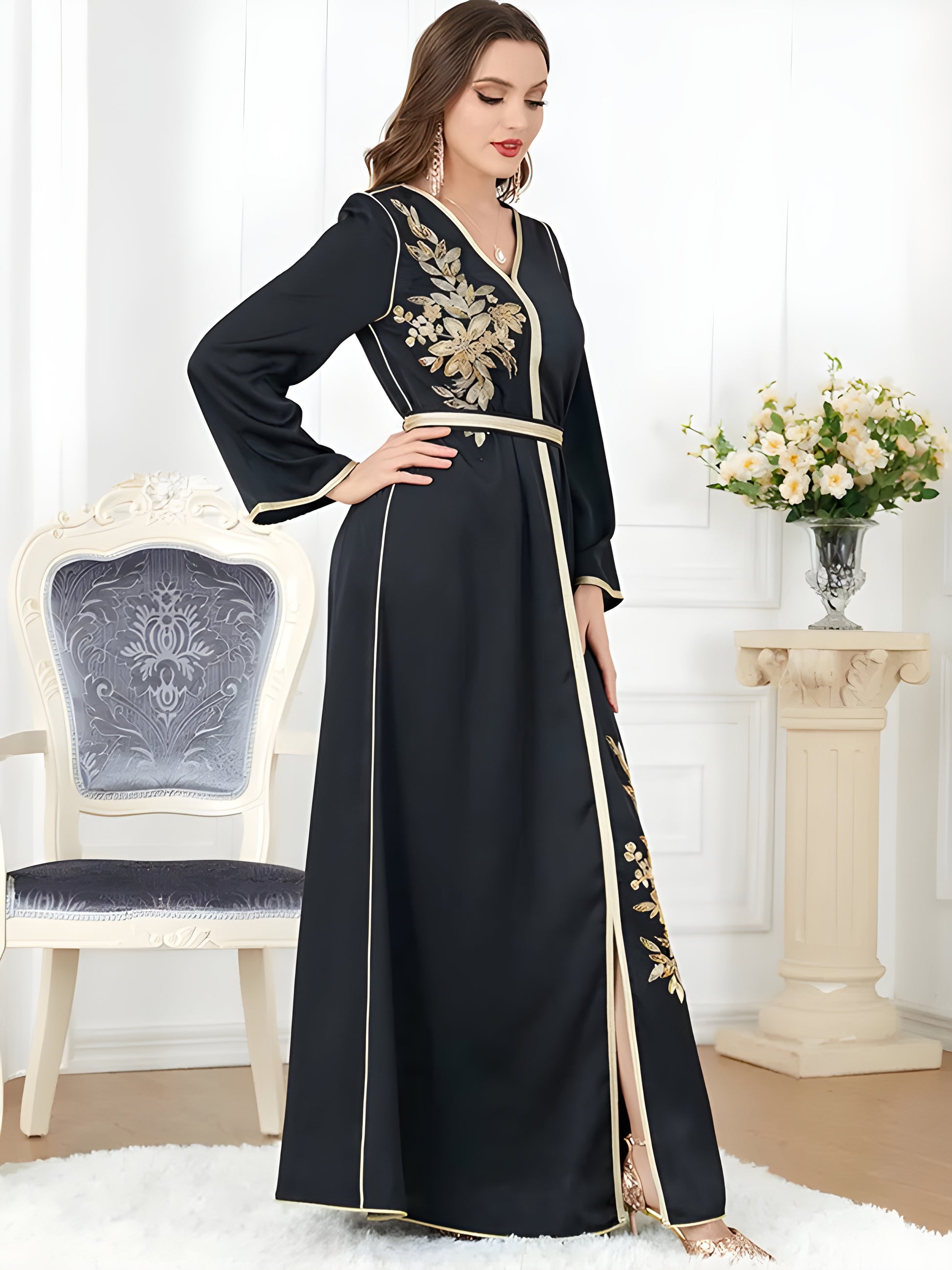 Alesyari Shop I Black Satin Evening Party Dress with Beading and Embroidery