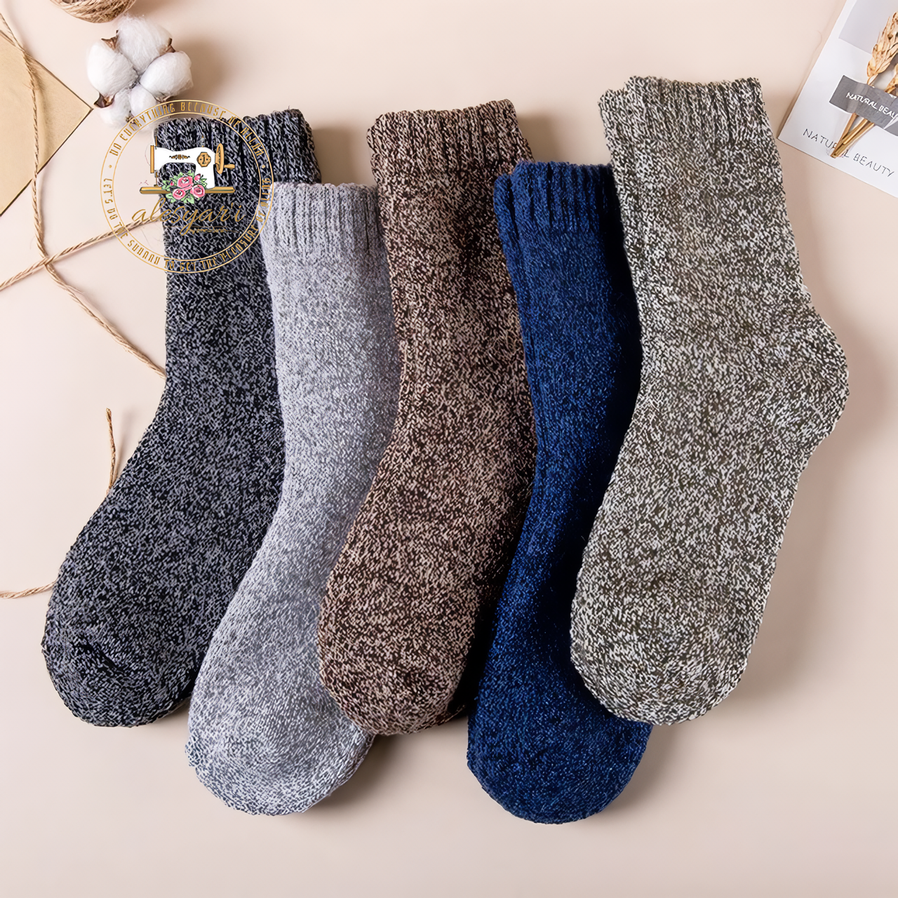 Alesyari Shop I Winter Bliss: 5 Pairs of High-Quality Thicken Wool Socks for Men – Cozy Towel Lining, Warmth, and Style in Every Step! Ideal Cotton Christmas Gift, Male Thermal Comfort in Sizes 38-45