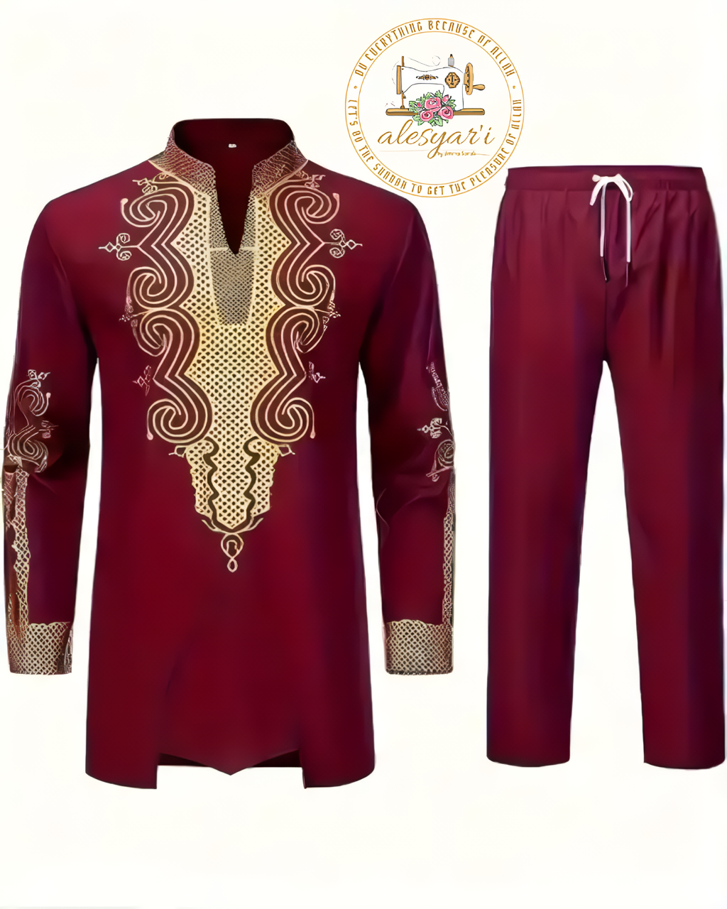 Alesyari Shop I Men Metal Gold-Printed Long Sleeved Shirt with Collar Perfect for Weddings and National Celebrations in a Two-Piece Set