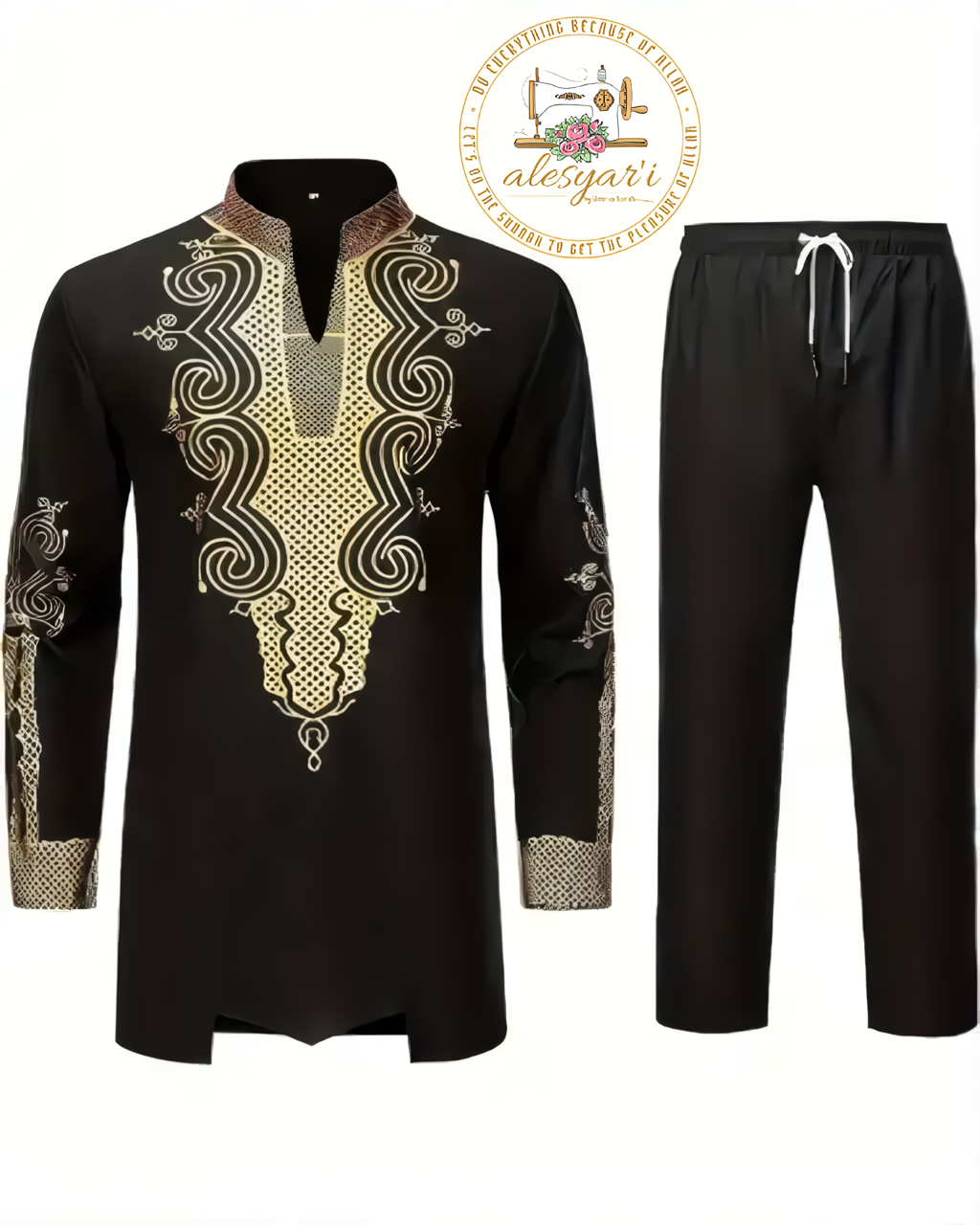 Alesyari Shop I Men Metal Gold-Printed Long Sleeved Shirt with Collar Perfect for Weddings and National Celebrations in a Two-Piece Set