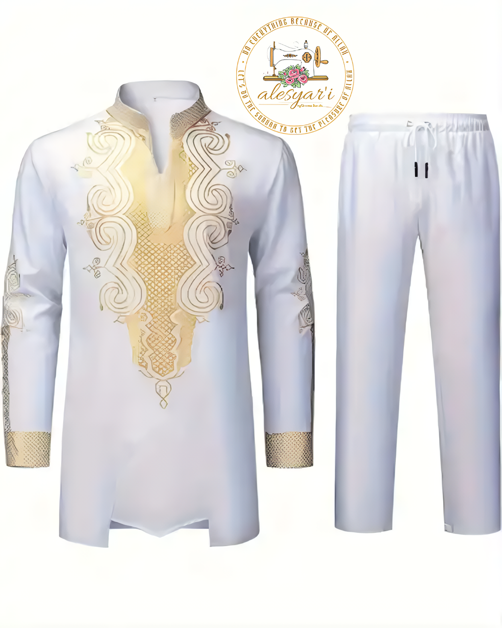 Alesyari Shop I Men Metal Gold-Printed Long Sleeved Shirt with Collar Perfect for Weddings and National Celebrations in a Two-Piece Set