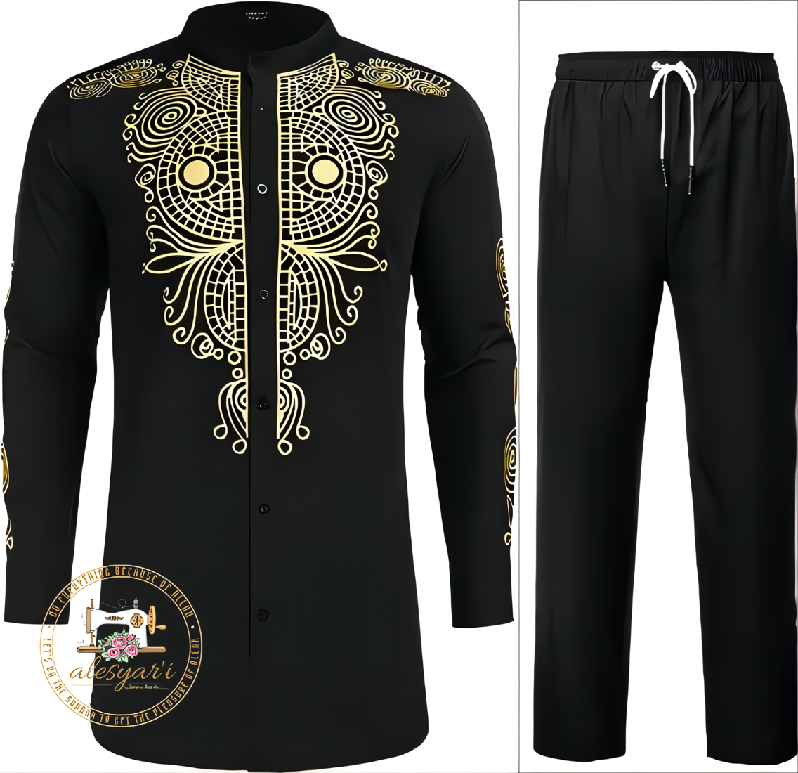 Alesyari Shop I Men Metal Gold-Printed Long Sleeved Shirt with Collar Perfect for Weddings and National Celebrations in a Two-Piece Set