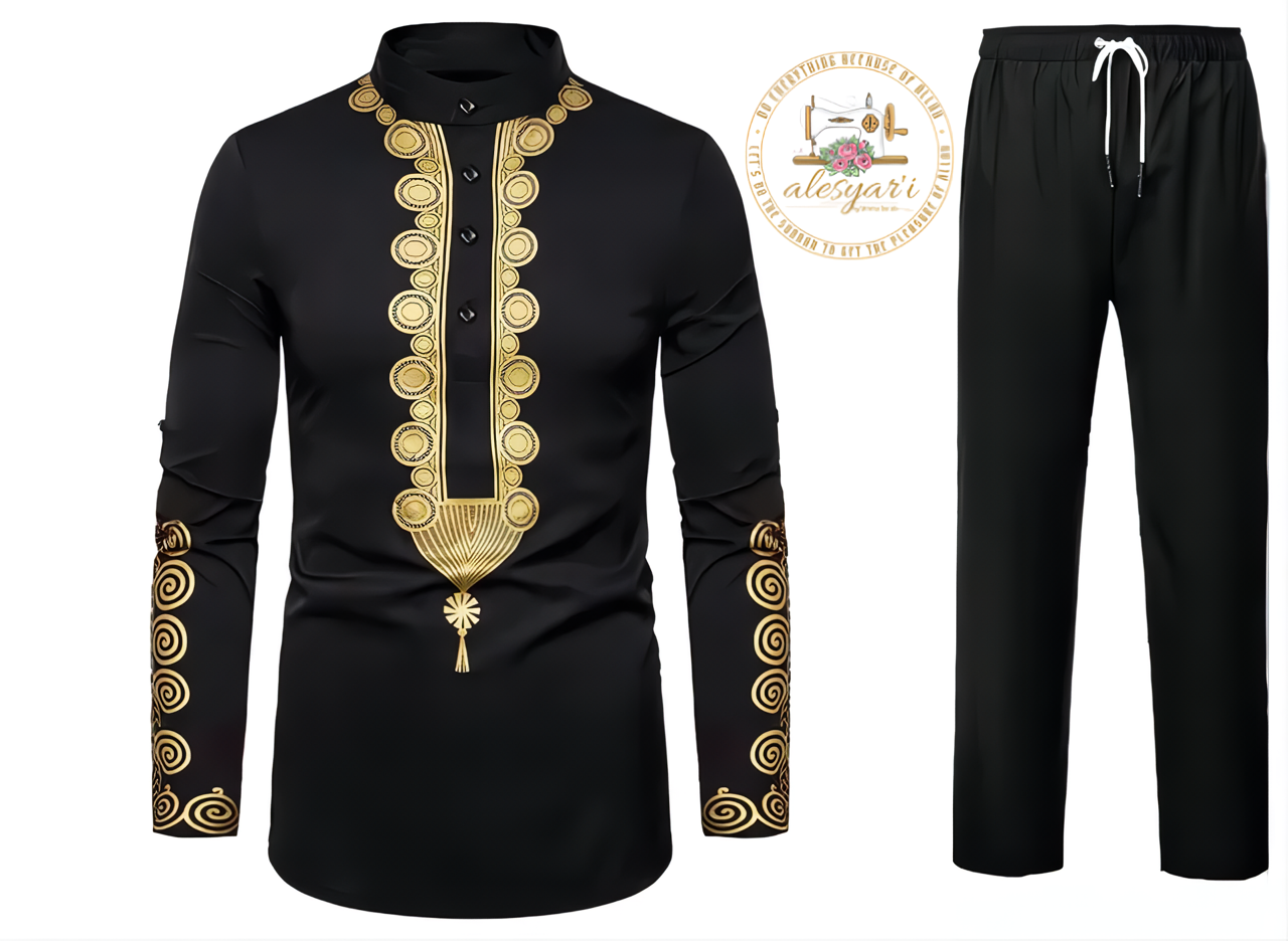 Alesyari Shop I Men Metal Gold-Printed Long Sleeved Shirt with Collar Perfect for Weddings and National Celebrations in a Two-Piece Set