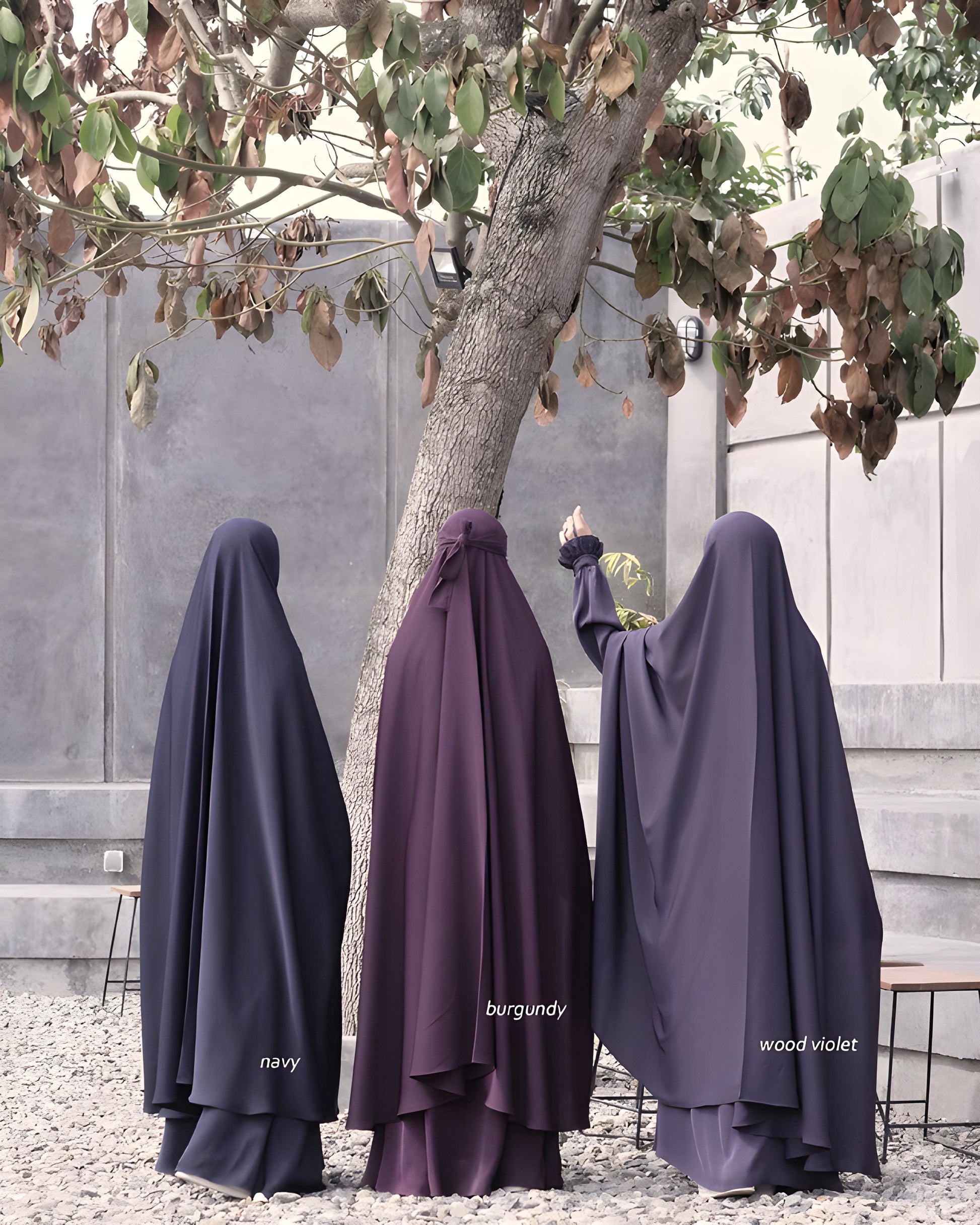 Abaya Nourah Series Basic Non Pad Khimar with Half Niqab or Niqab Bandana in Navy, Burgundy, and Wood Violet color.