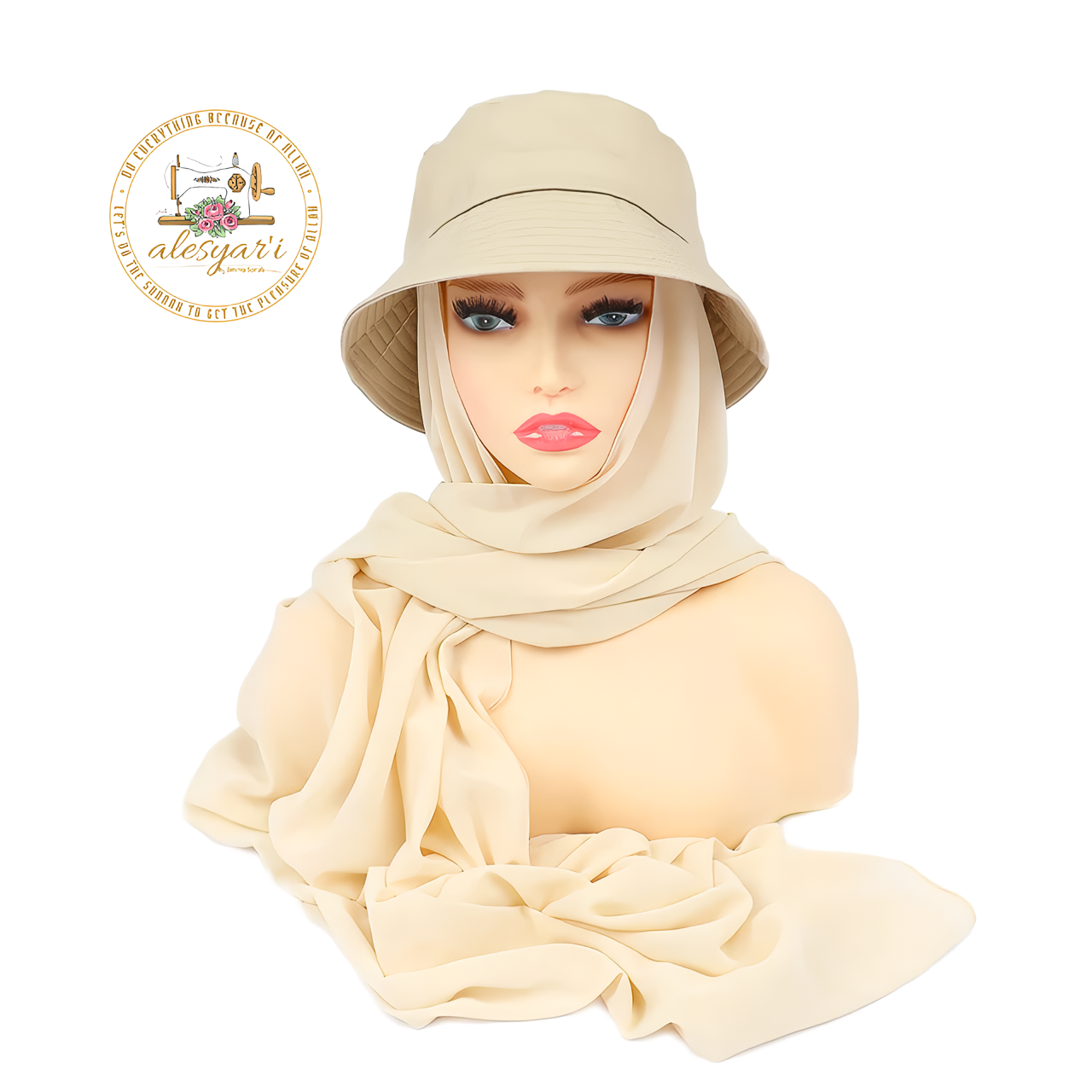 Alesyari Shop I Stylish Muslim Women's  Bucket Hat with Chiffon Hijab Ready-to-Wear Instant Headscarf for Sports and Leisure