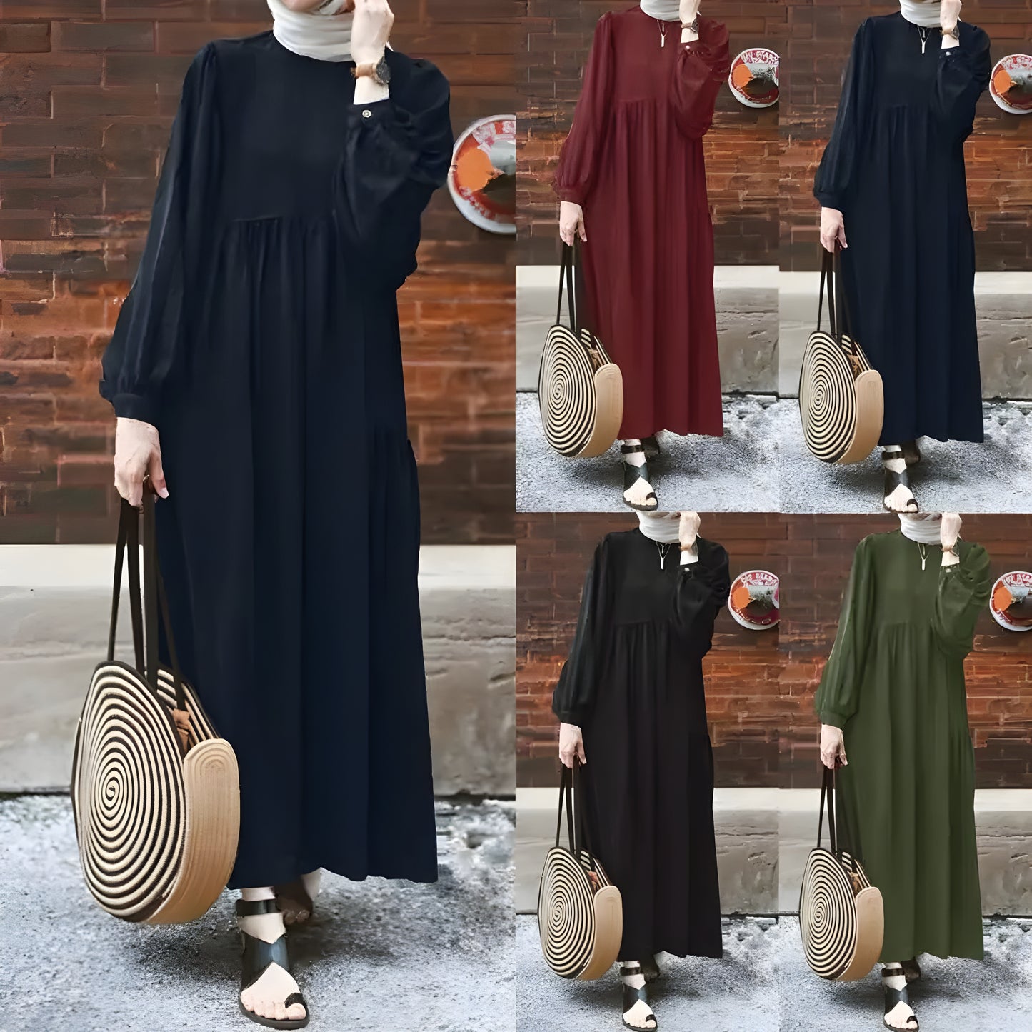 Turkish Hijab Dress: Retro Muslim Women's Long Puff Sleeve Abaya