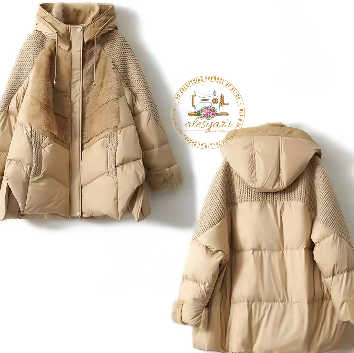 Alesyari Shop I Winter Glam: Elevate Your Style with a Loose-Fit Hooded Parker, Women's Down Jacket with Knitting Patchwork for a Warm and Fashionable Coat