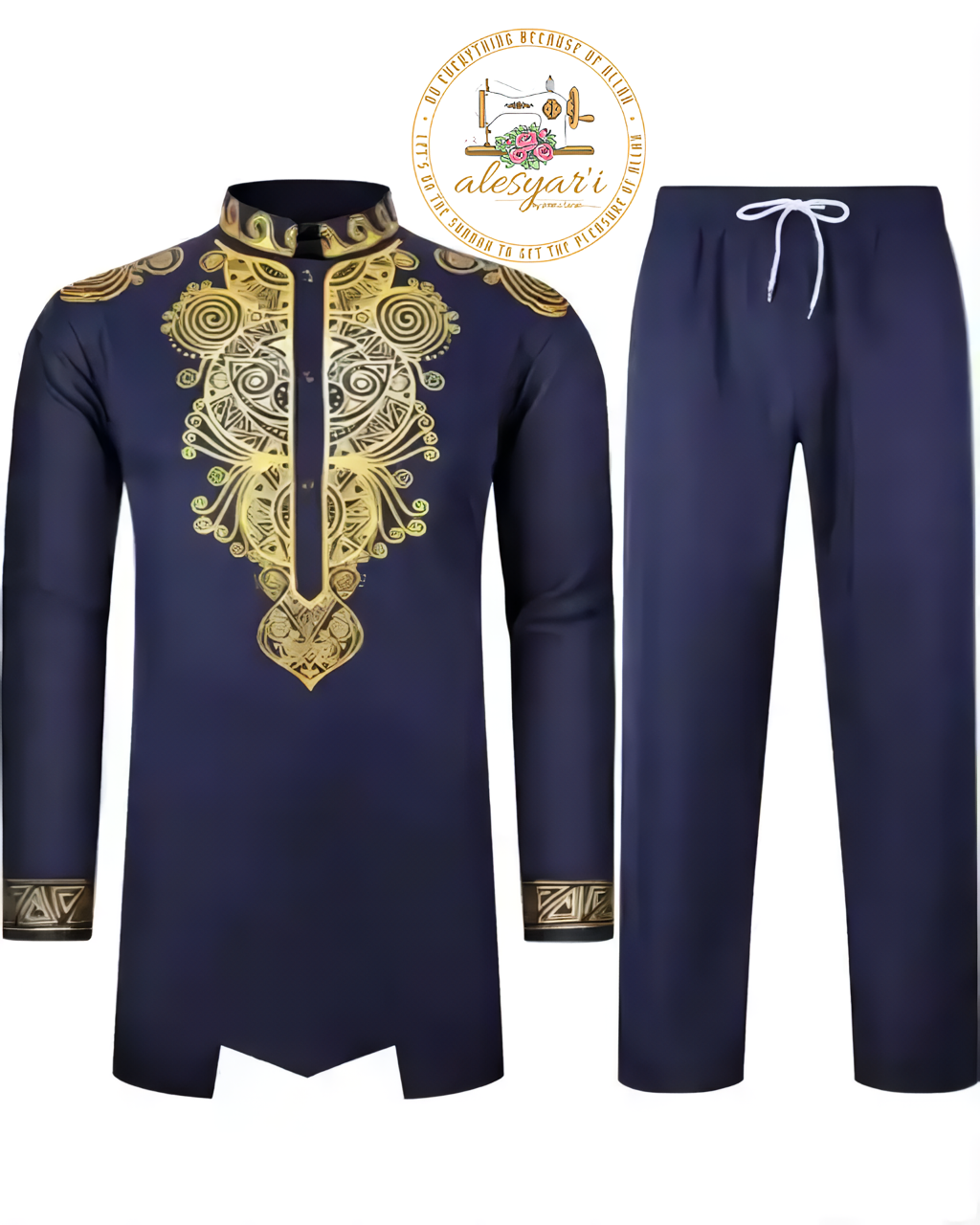 Alesyari Shop I Men Metal Gold-Printed Long Sleeved Shirt with Collar Perfect for Weddings and National Celebrations in a Two-Piece Set