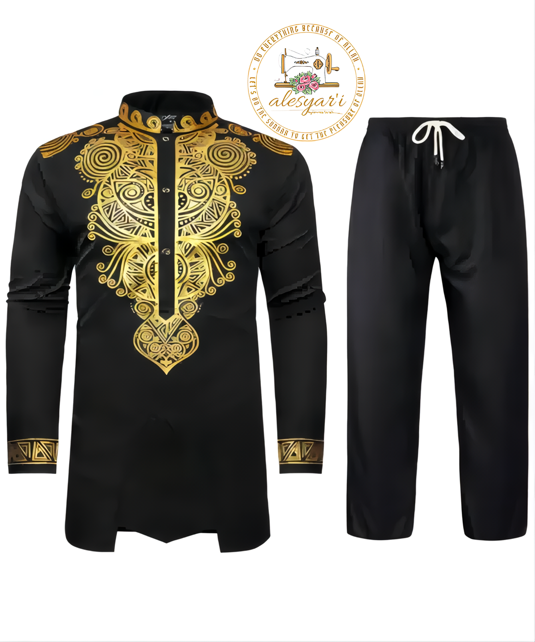 Alesyari Shop I Men Metal Gold-Printed Long Sleeved Shirt with Collar Perfect for Weddings and National Celebrations in a Two-Piece Set