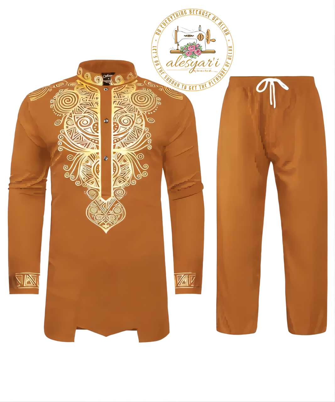 Alesyari Shop I Men Metal Gold-Printed Long Sleeved Shirt with Collar Perfect for Weddings and National Celebrations in a Two-Piece Set