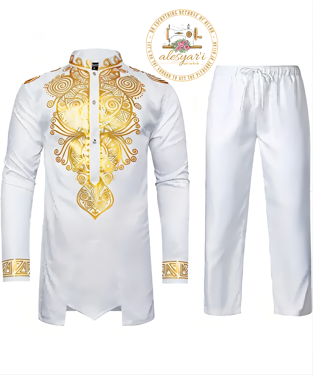 Alesyari Shop I Men Metal Gold-Printed Long Sleeved Shirt with Collar Perfect for Weddings and National Celebrations in a Two-Piece Set