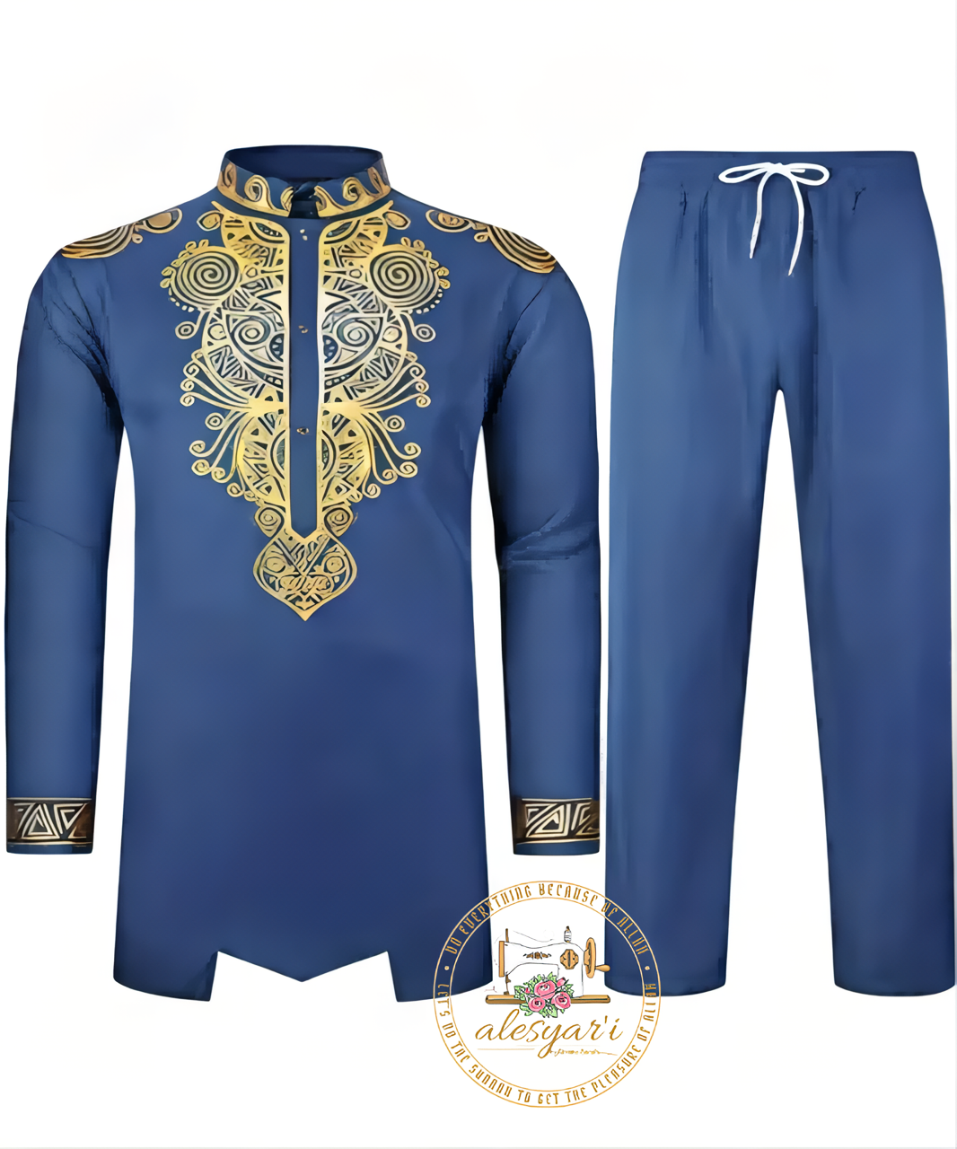 Alesyari Shop I Men Metal Gold-Printed Long Sleeved Shirt with Collar Perfect for Weddings and National Celebrations in a Two-Piece Set