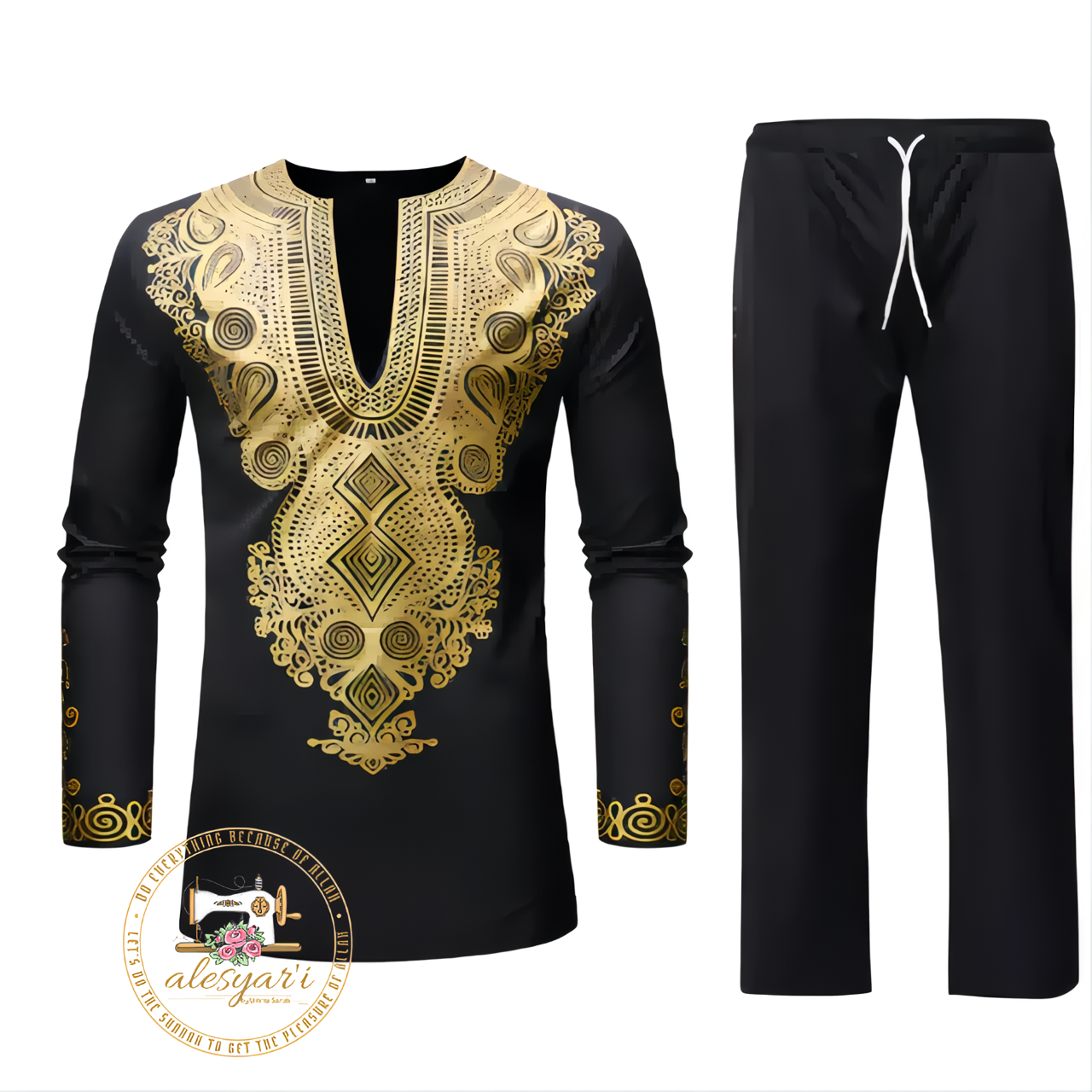 Alesyari Shop I Men Metal Gold-Printed Long Sleeved Shirt with Collar Perfect for Weddings and National Celebrations in a Two-Piece Set