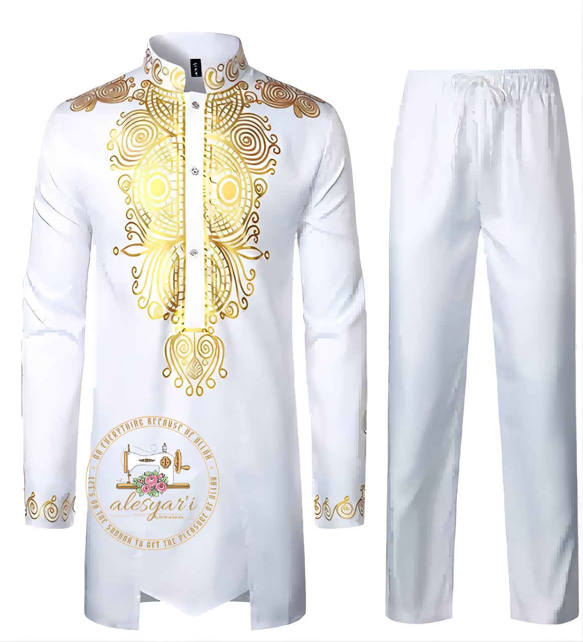 Alesyari Shop I Men Metal Gold-Printed Long Sleeved Shirt with Collar Perfect for Weddings and National Celebrations in a Two-Piece Set