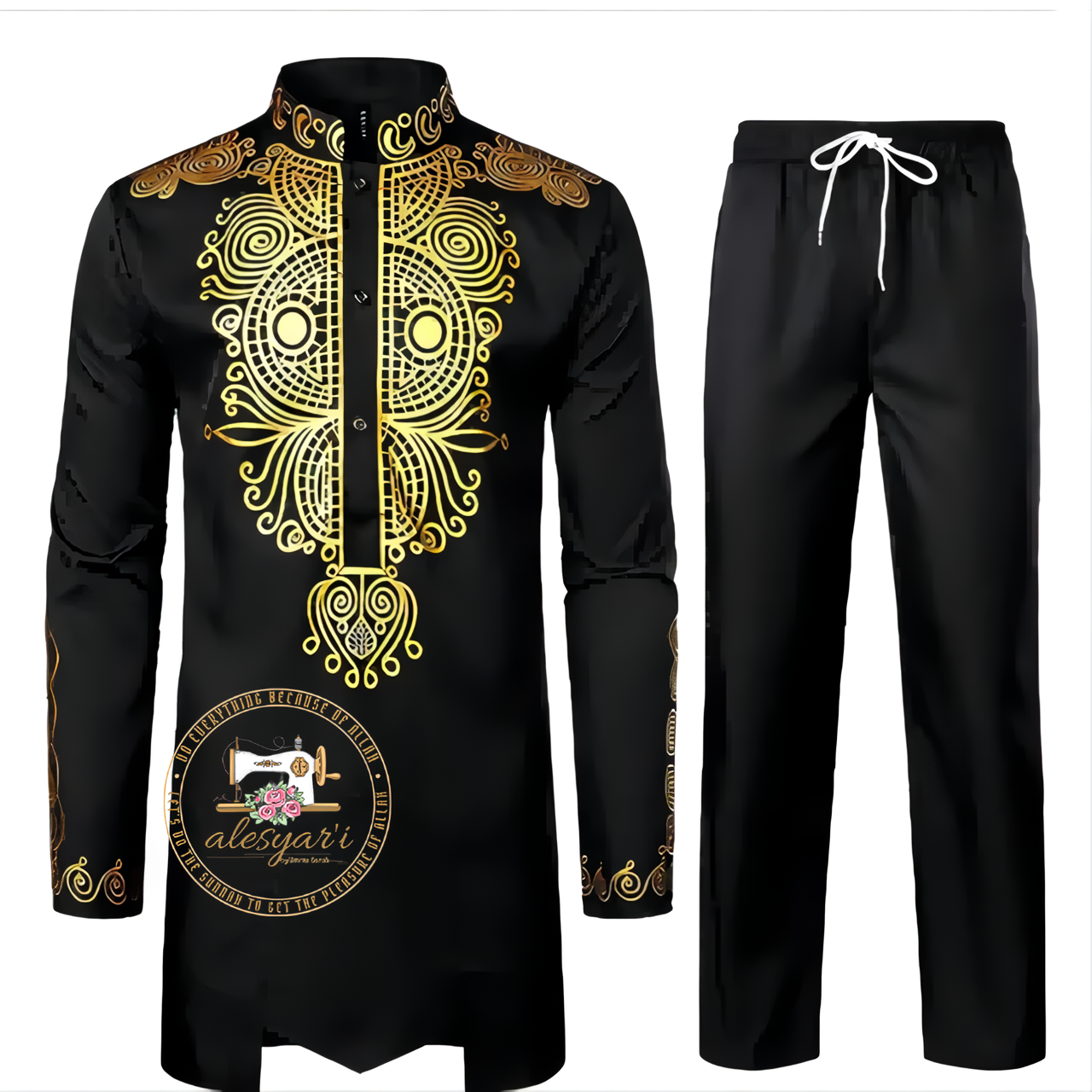 Alesyari Shop I Men Metal Gold-Printed Long Sleeved Shirt with Collar Perfect for Weddings and National Celebrations in a Two-Piece Set